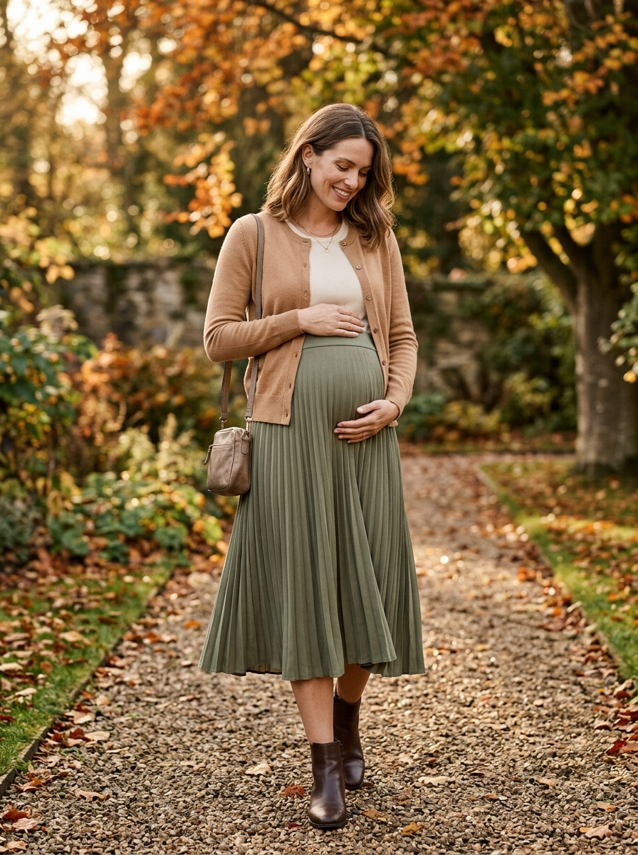 Maternity Midi Skirt With a Tucked-In Cardigan