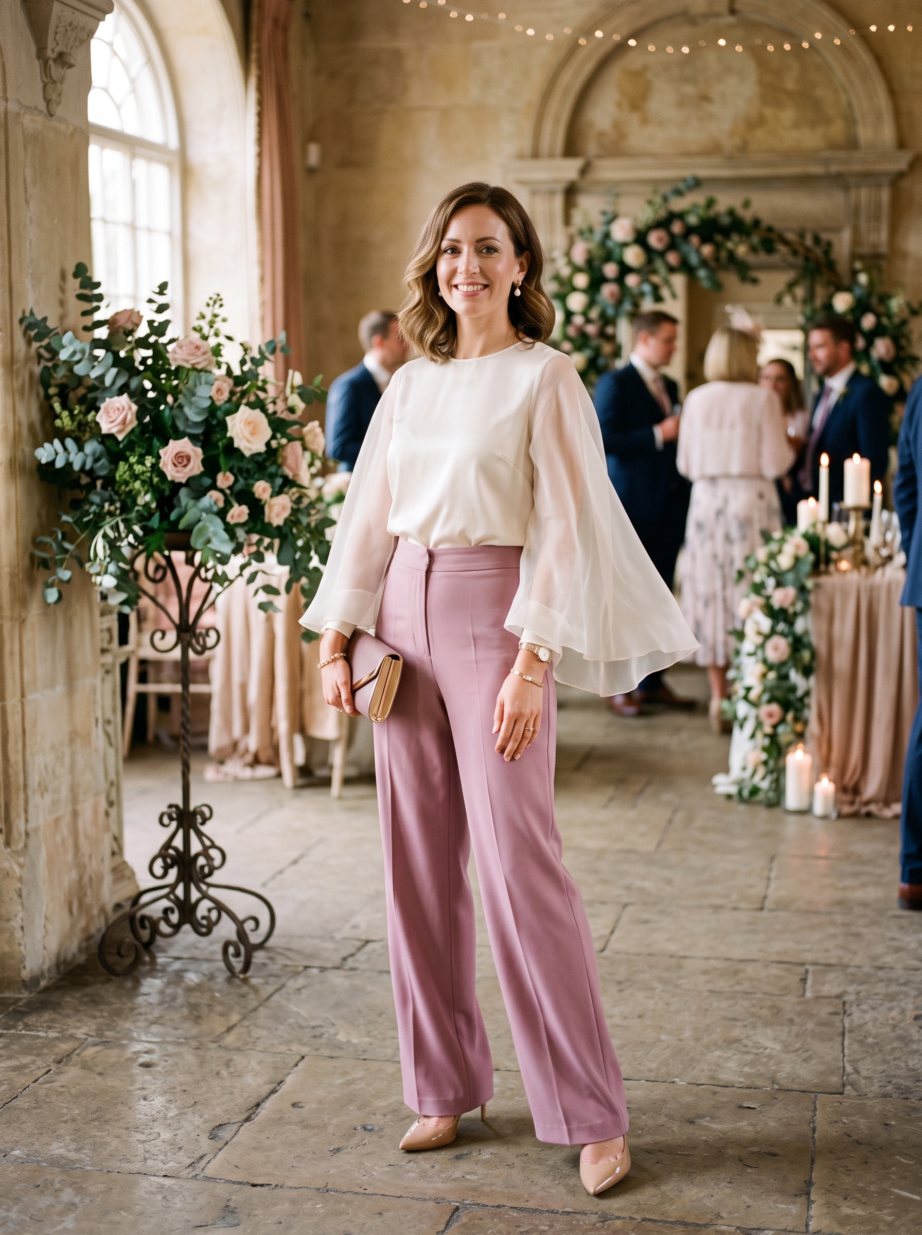 Mauve Trousers With Sheer-Sleeve Blouse