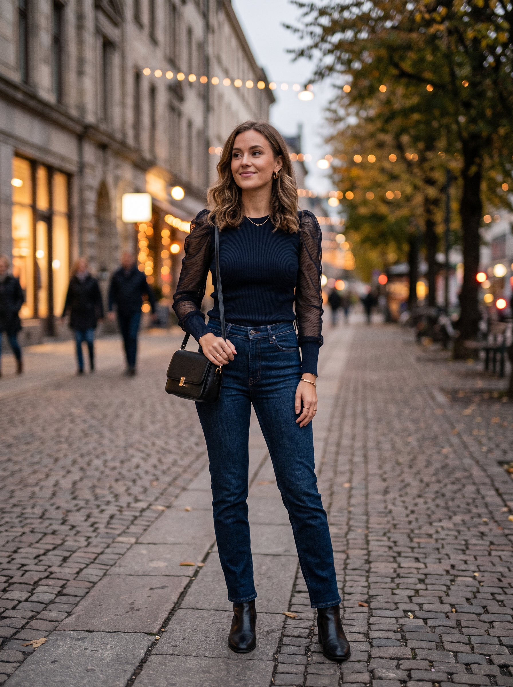 Mesh Sleeve Top With Dark Wash Jeans