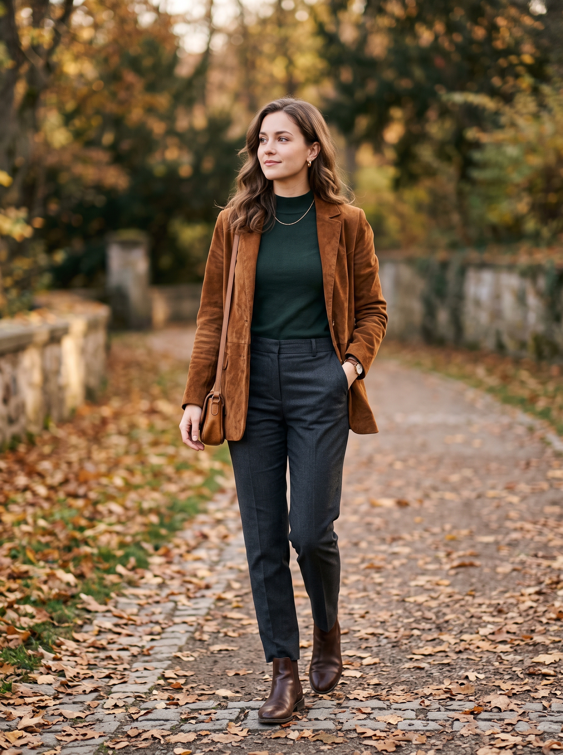 Mock-Neck Top With Suede Jacket and Trousers