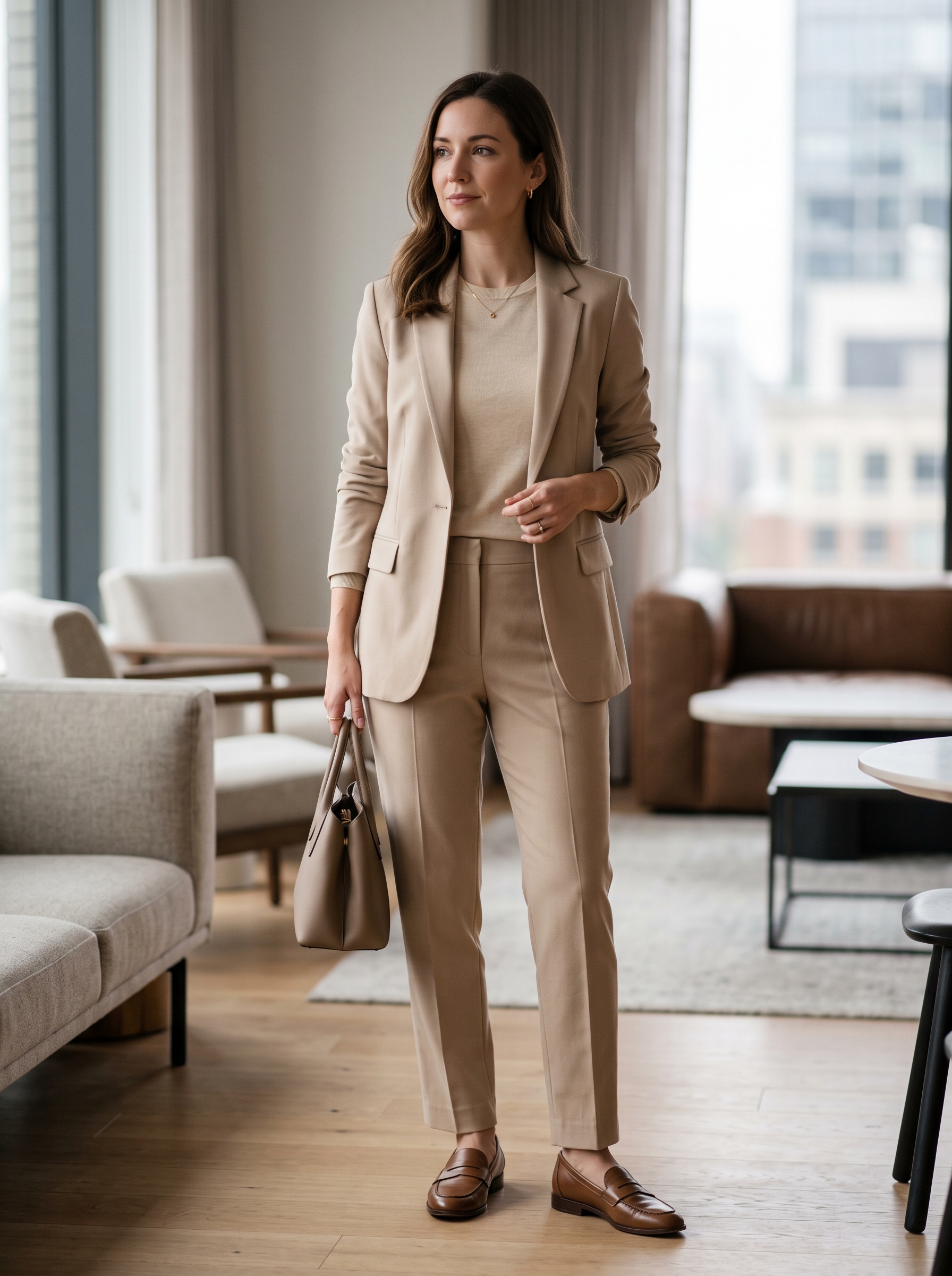 Monochrome Beige Suit With Fine Knit
