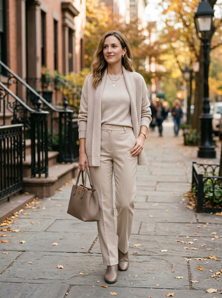 Monochrome Knit Layers With Straight Pants