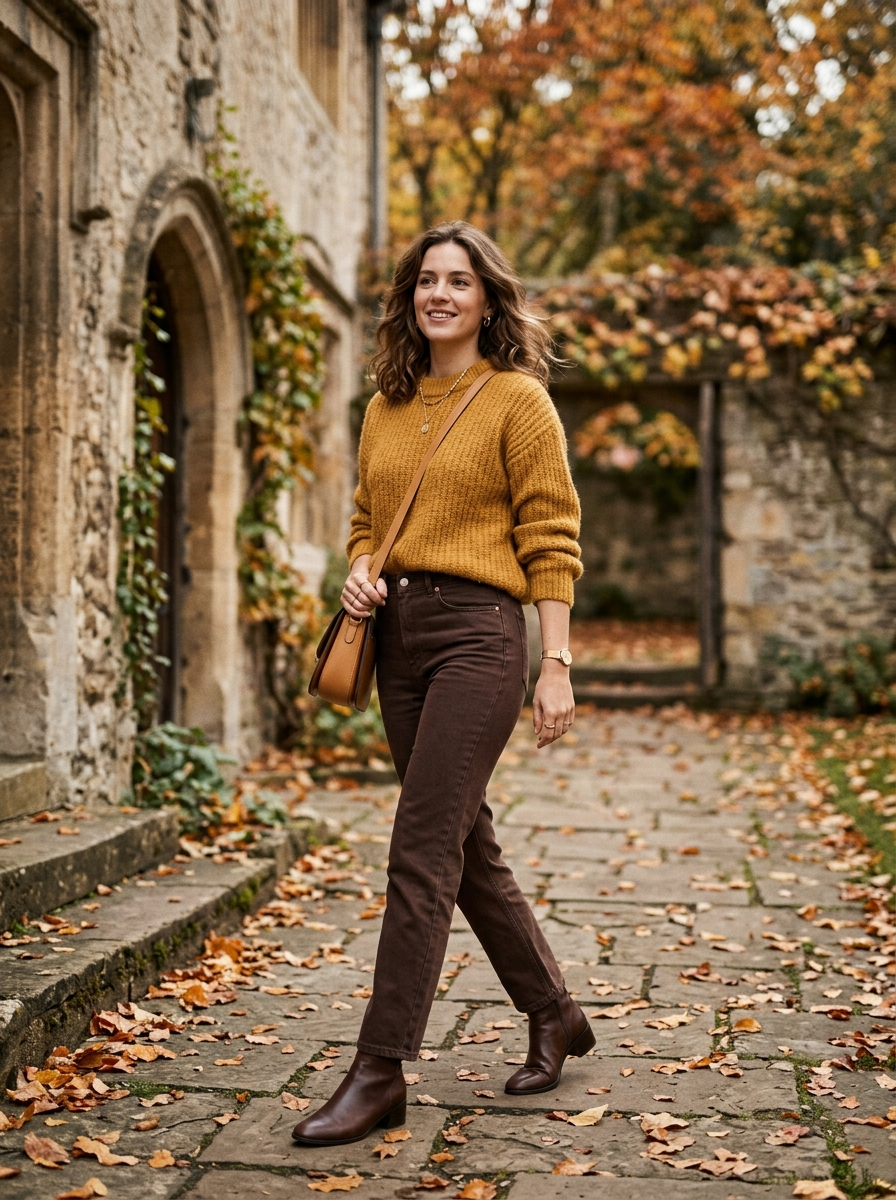 Mustard Sweater With Dark Brown Jeans