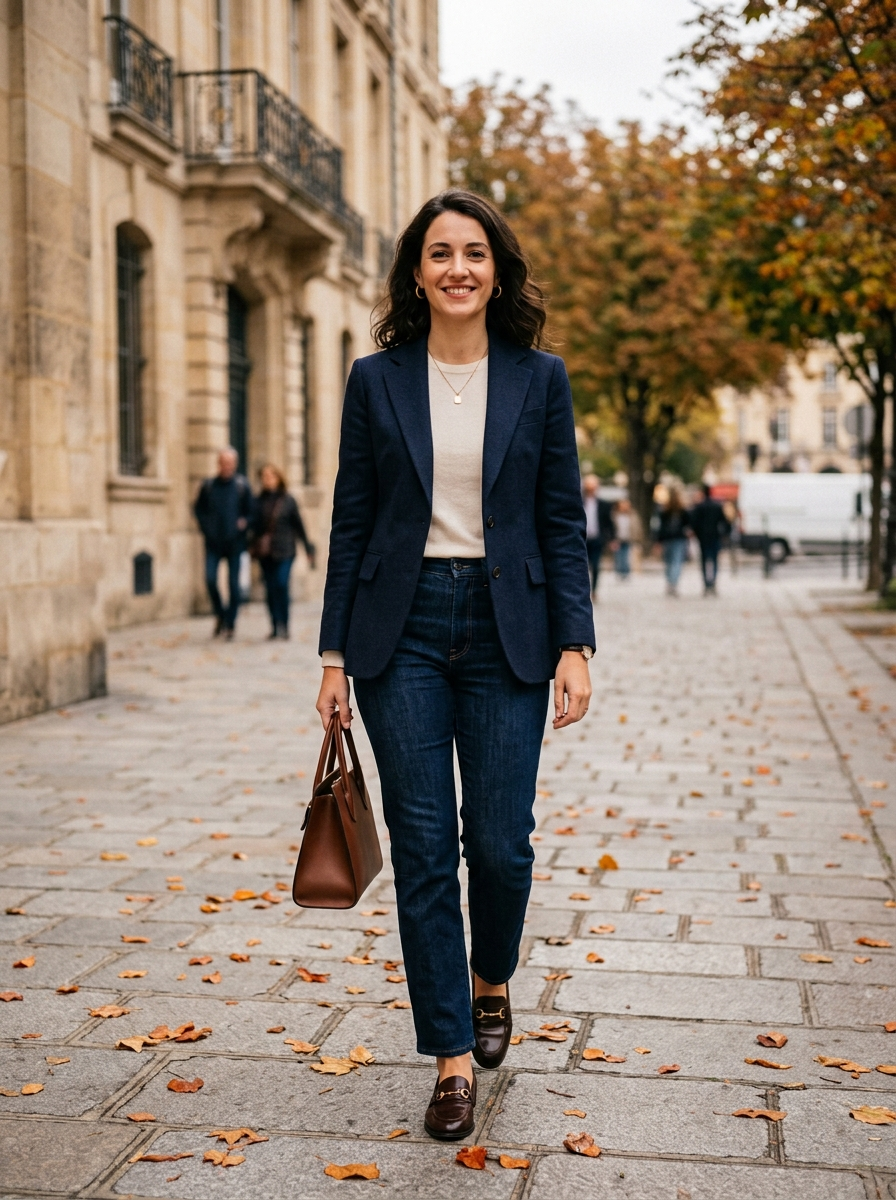 Navy Blazer With Dark Straight Jeans