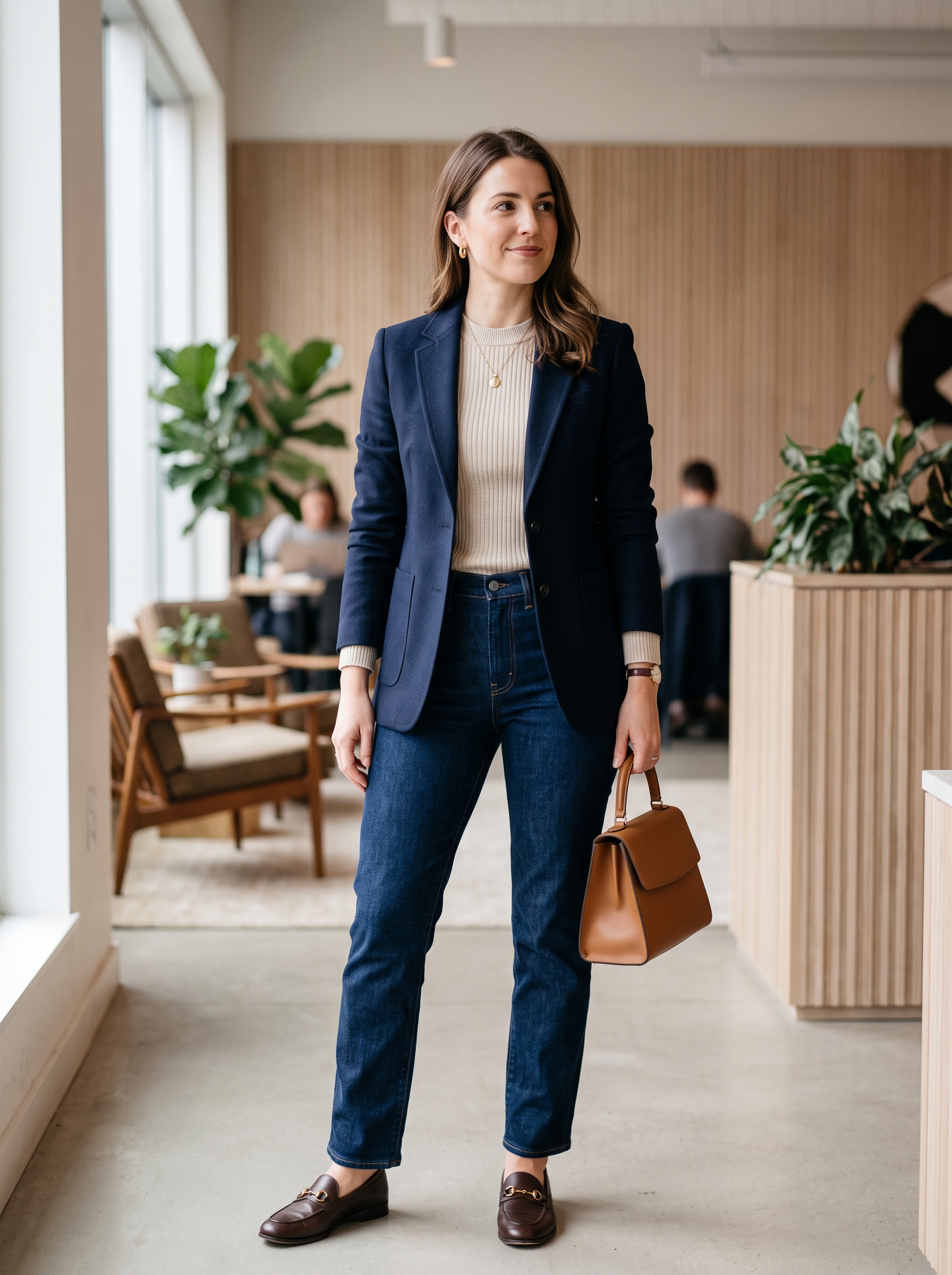 Navy Blazer With Straight-Leg Jeans