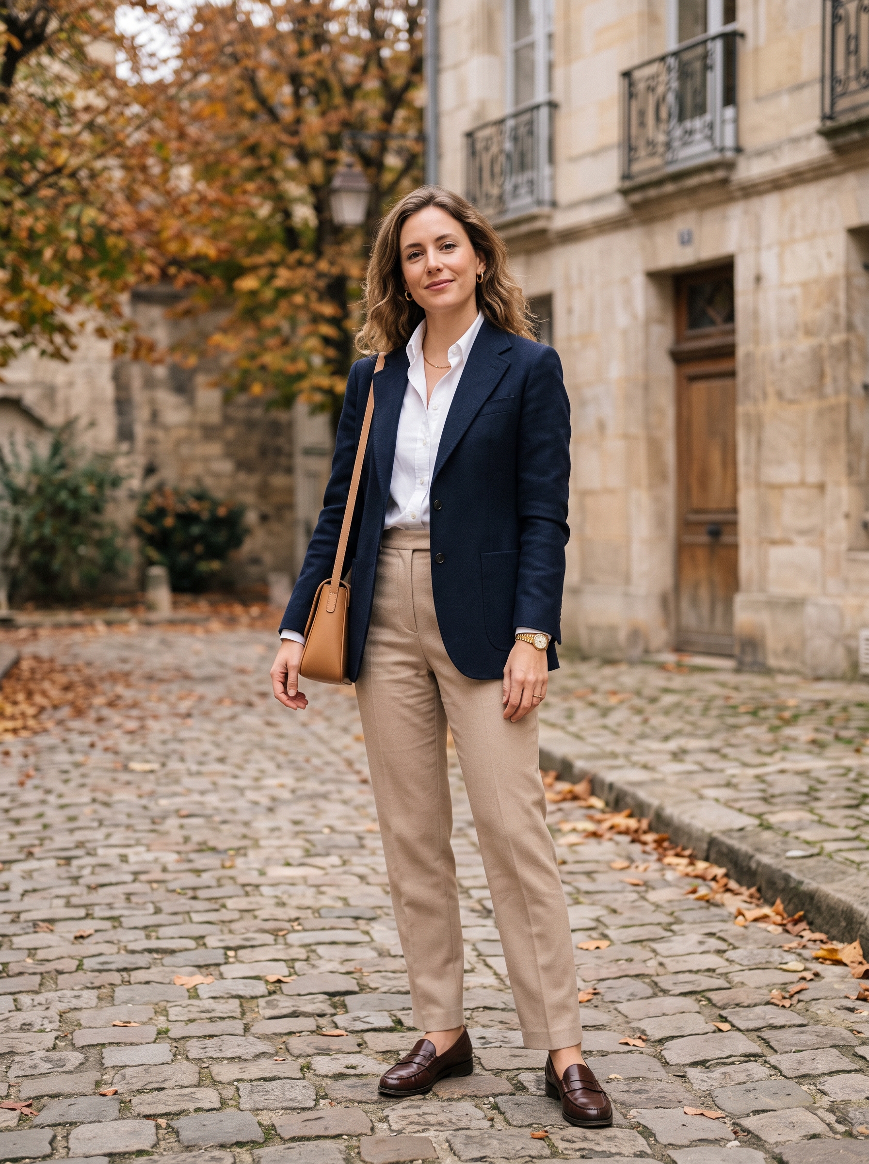 Navy Blazer With White Shirt and Loafers