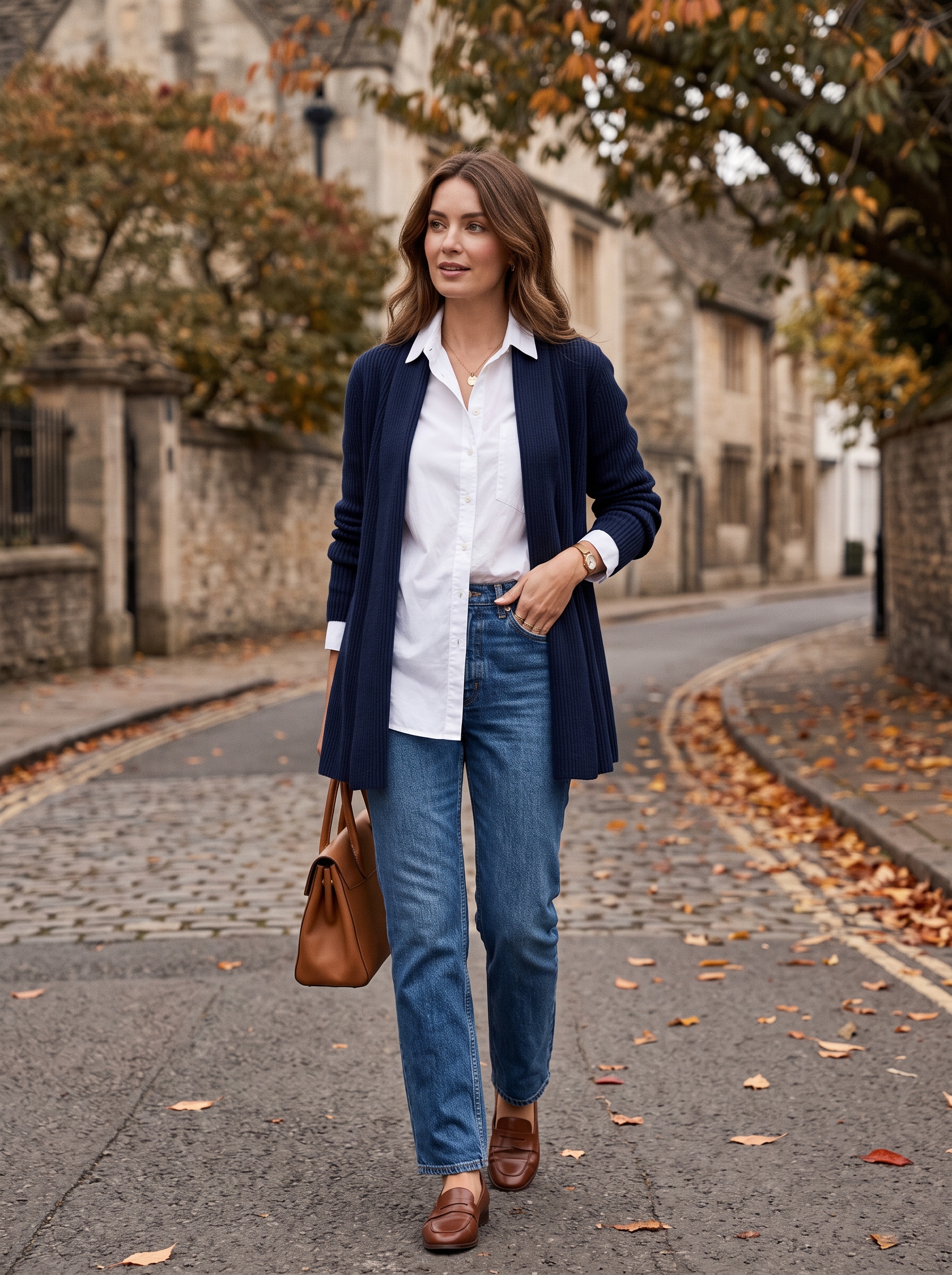 Navy Cardigan With White Shirt and Denim