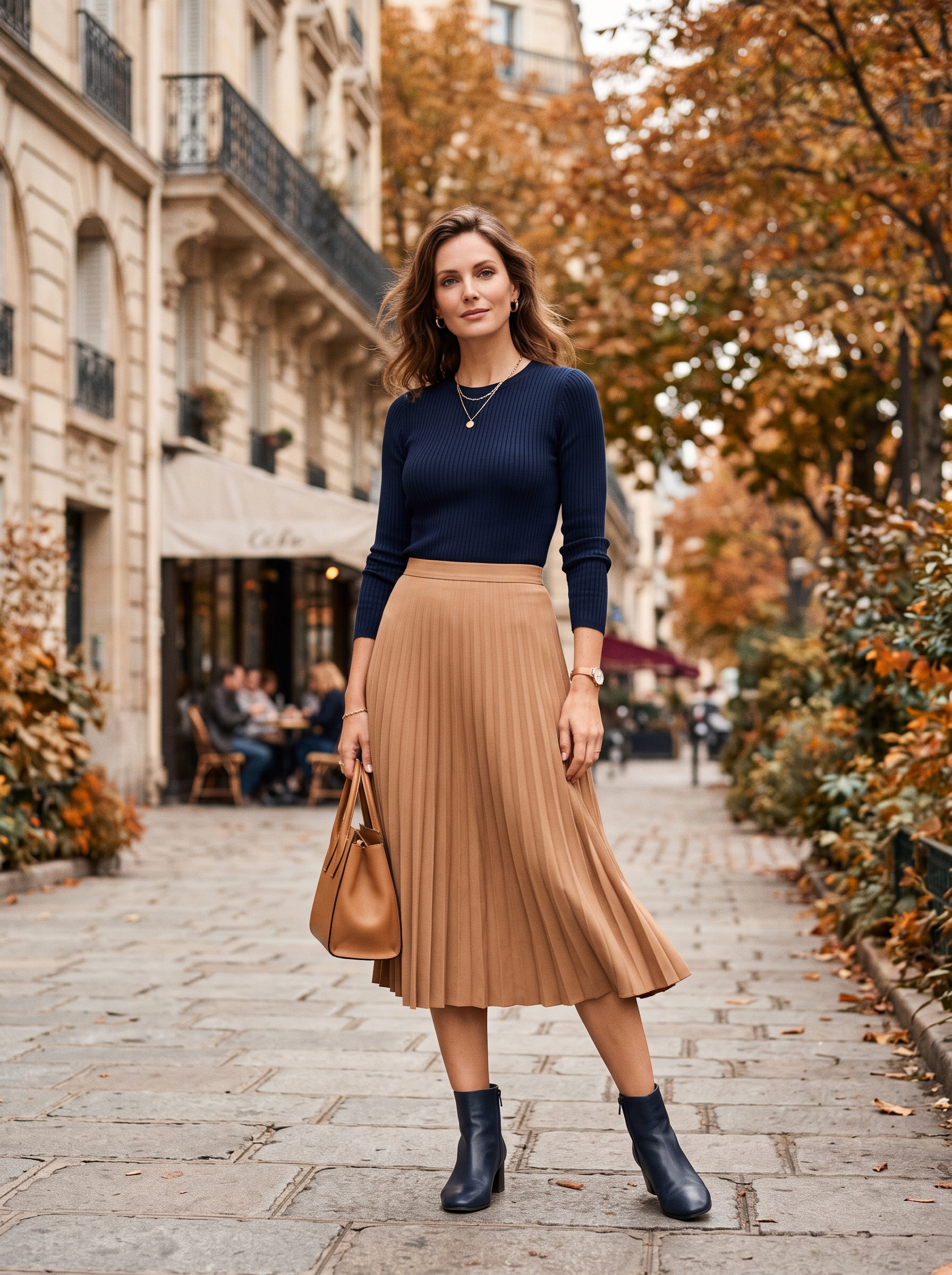 Navy Knit With Pleated Camel Skirt