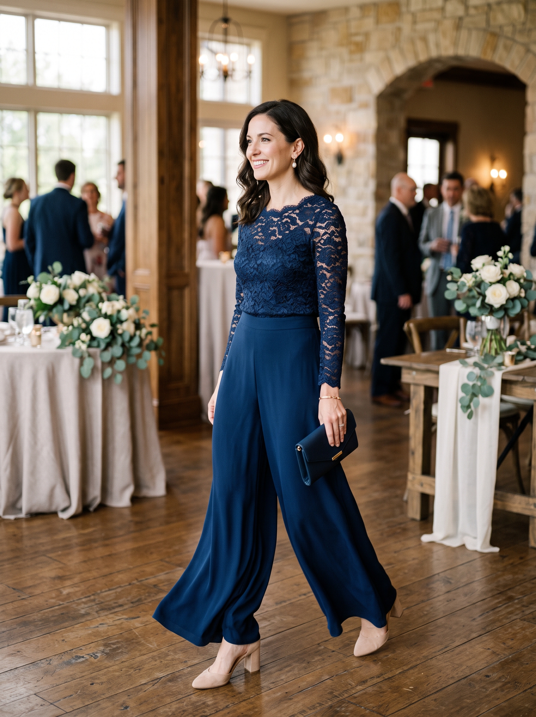 Navy Palazzo Pants With Lace Blouse