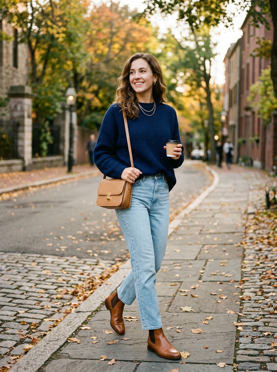 Navy Sweater With Light-Wash Jeans