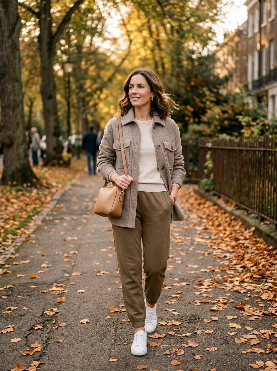 Neutral Shacket With Joggers and Knit Top
