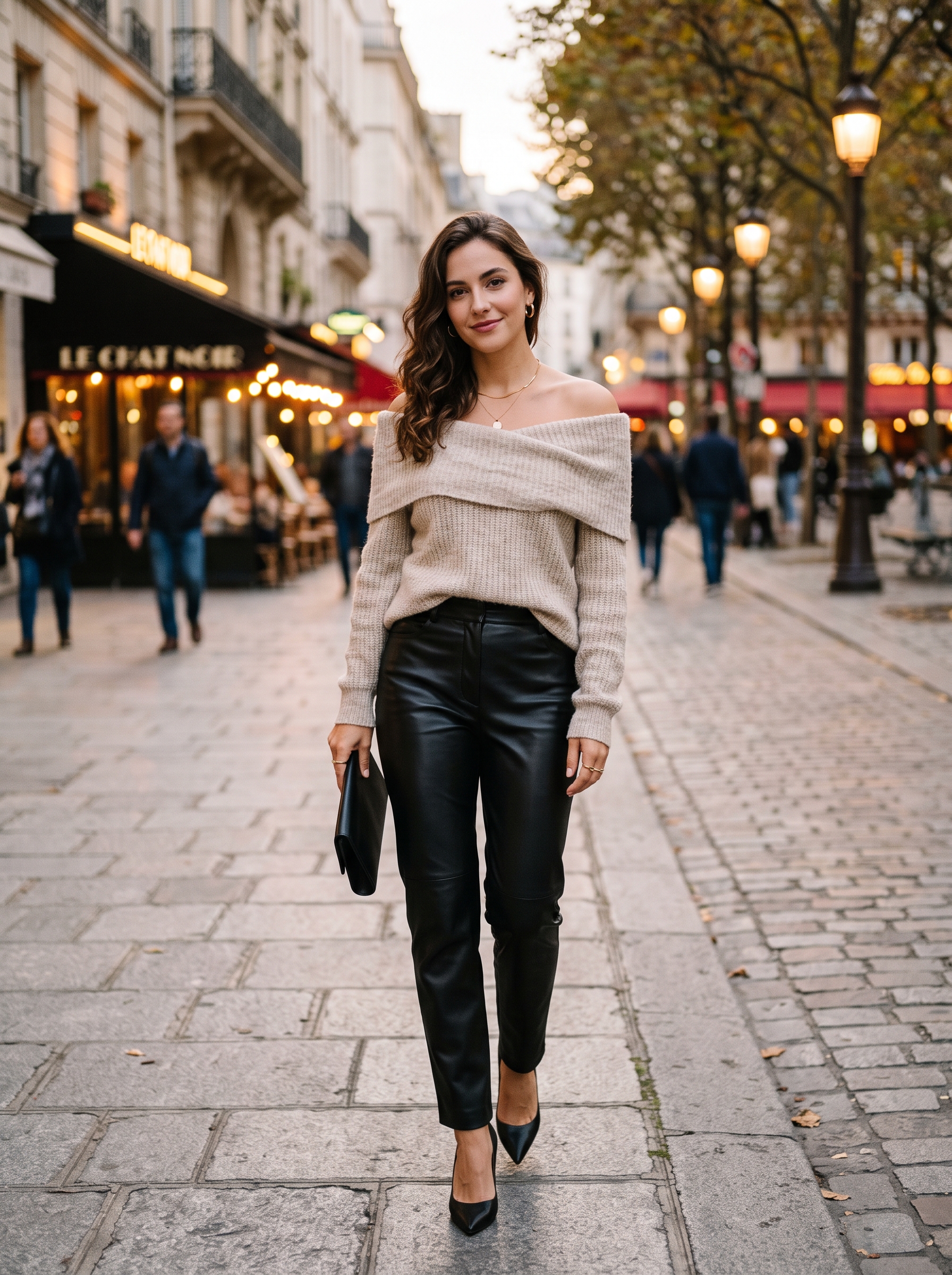 Off-Shoulder Knit Top With Leather Trousers