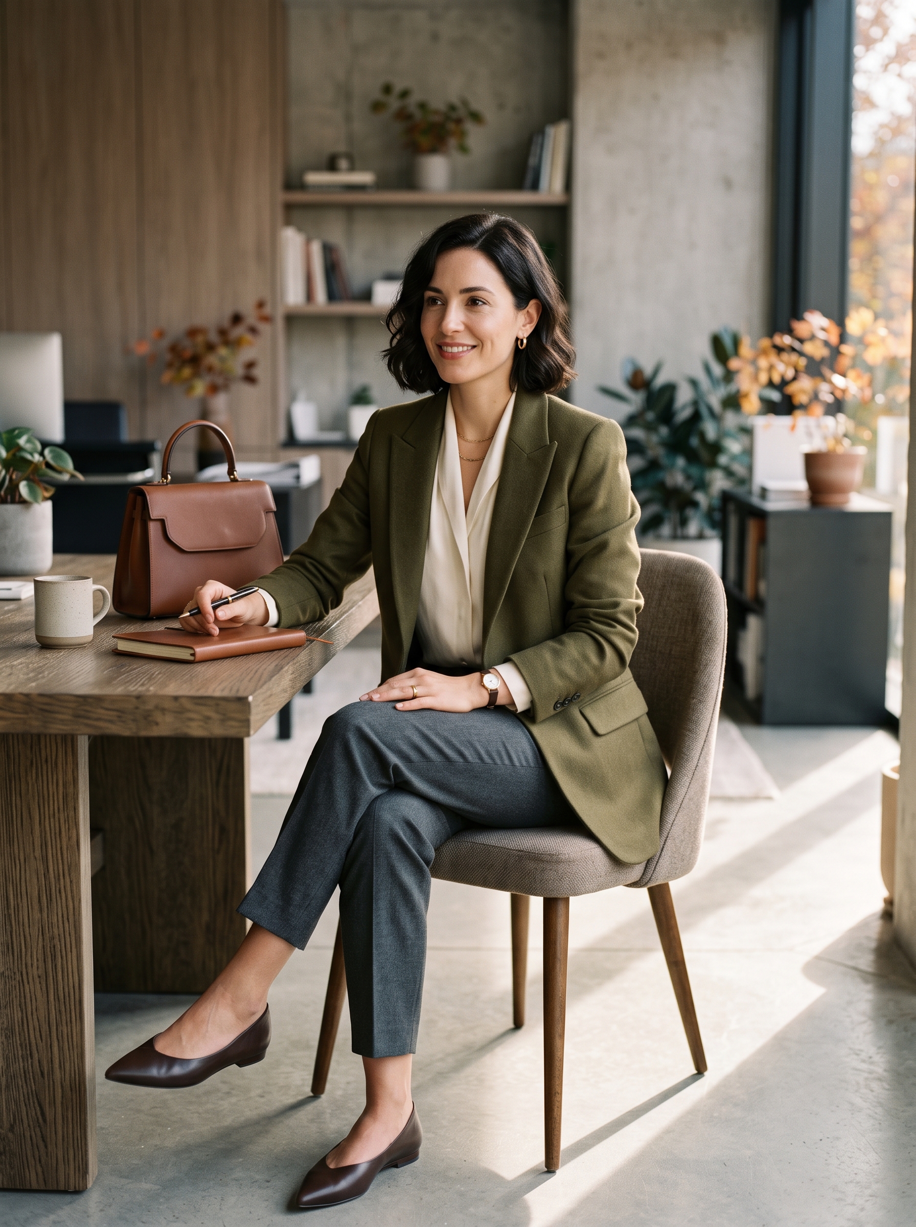 Olive Blazer With Ivory Blouse and Trousers