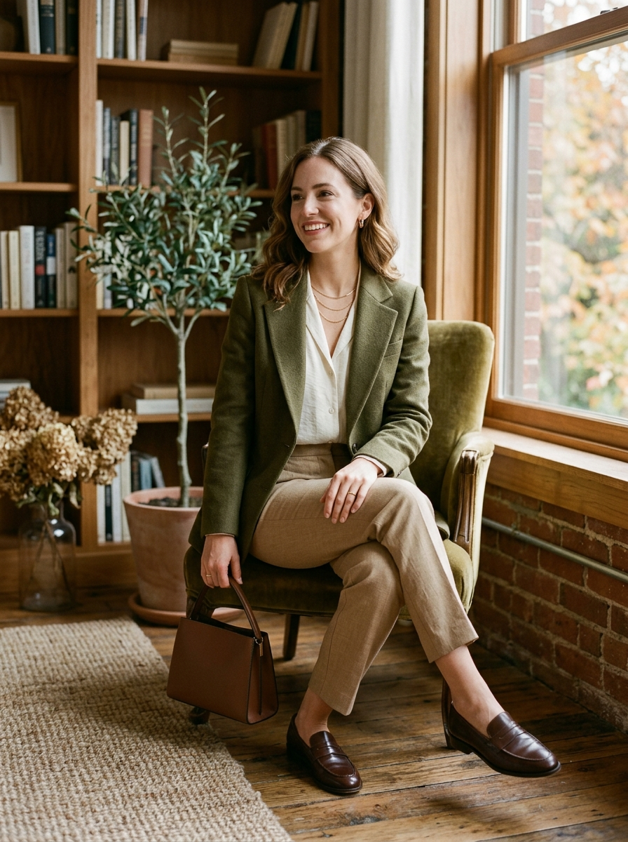 Olive Blazer With Ivory Blouse