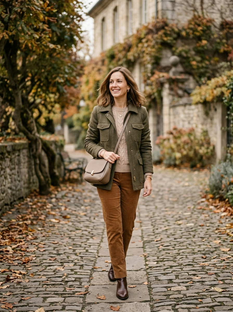 Olive Jacket With Beige Knit and Brown Trousers