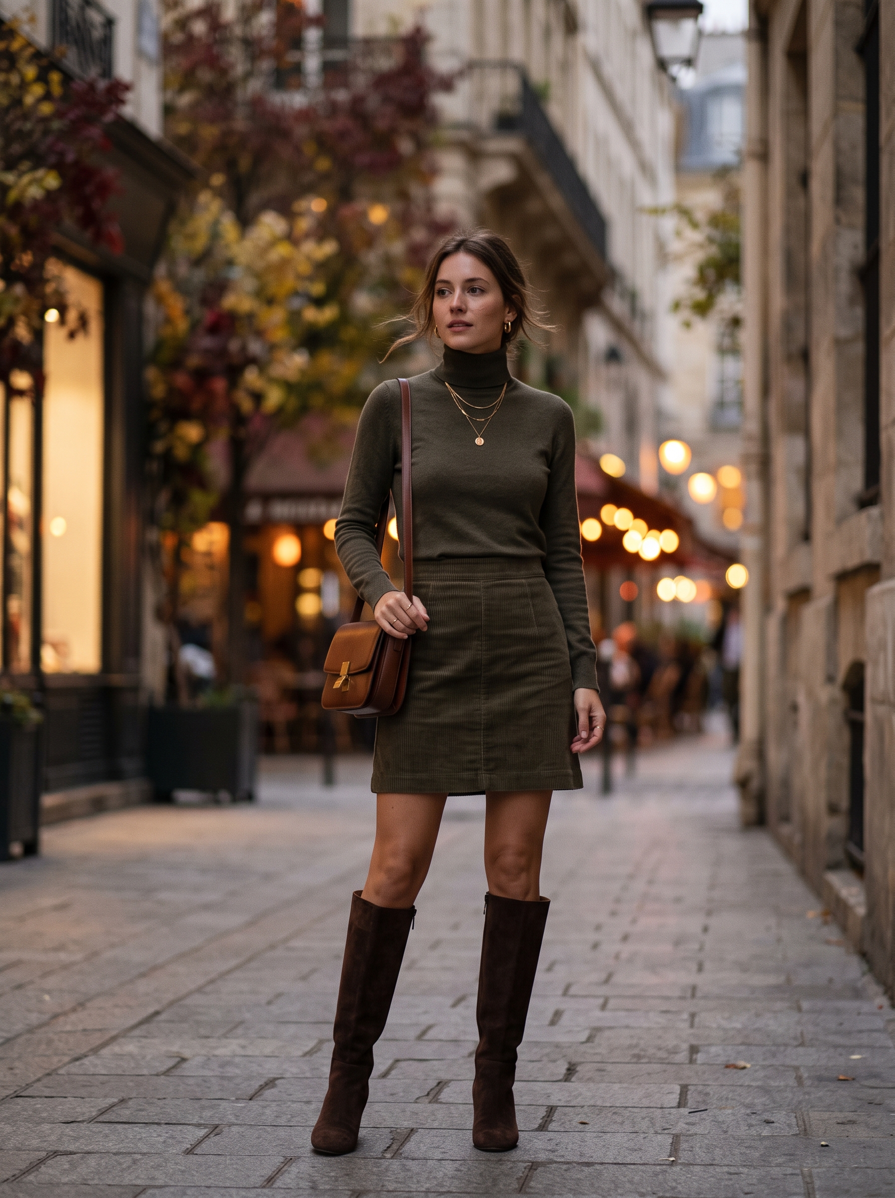 Olive Mini Skirt With a Fitted Turtleneck