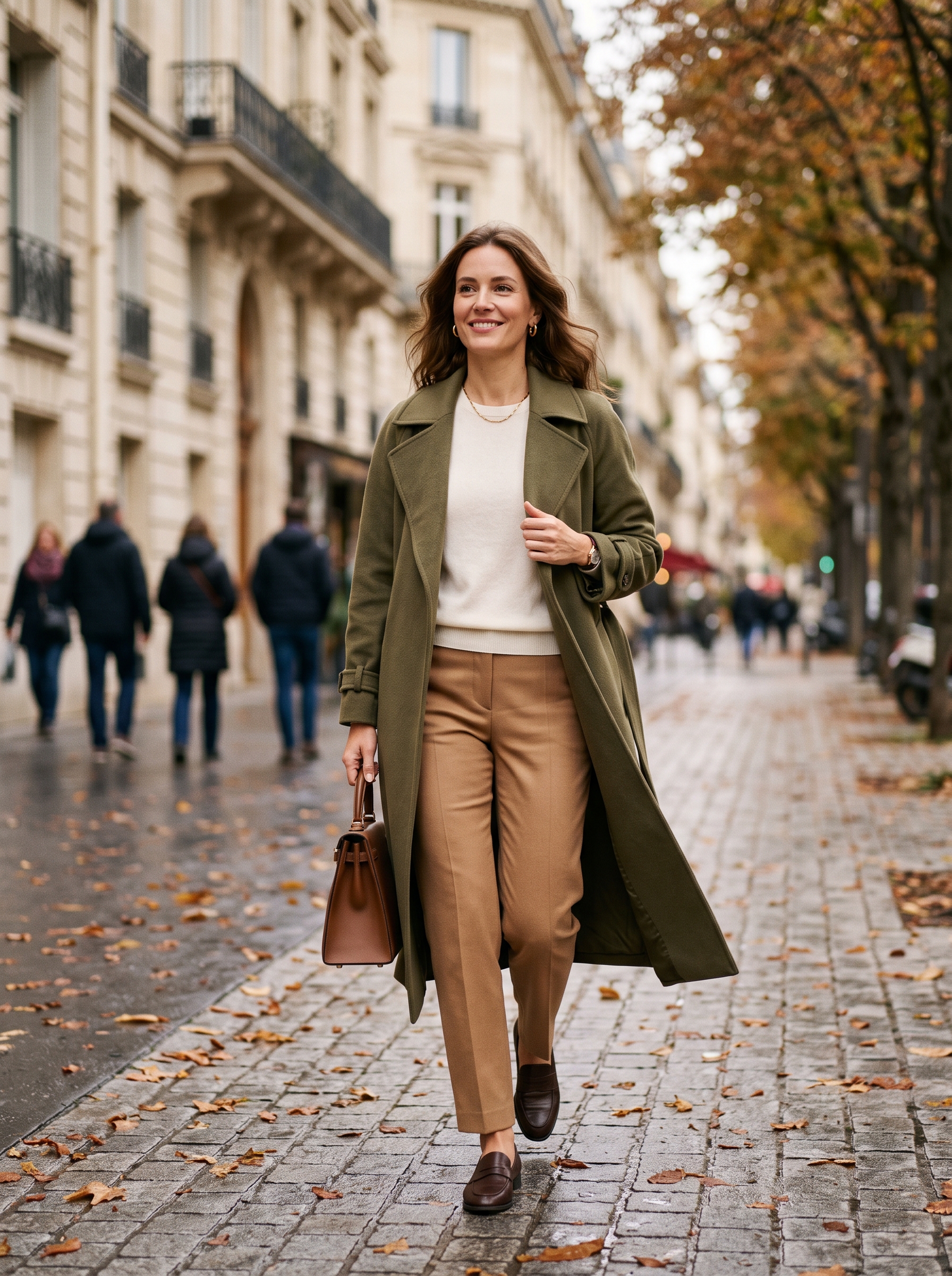 Olive Trench With Ivory Knit and Tailored Pants