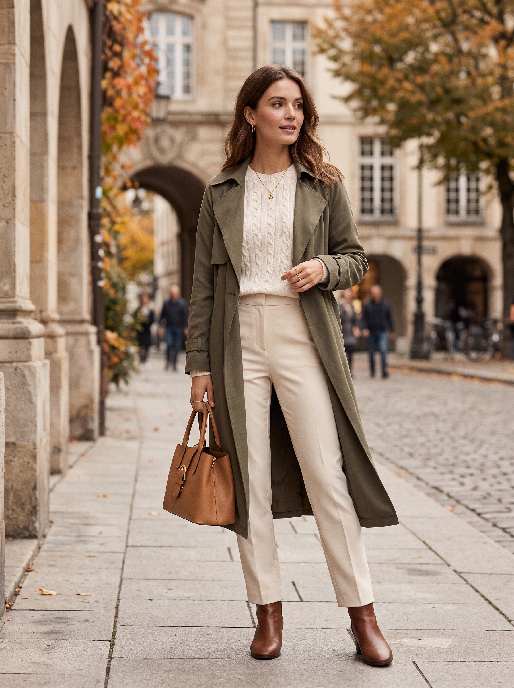 Olive Trench With Ivory Knit and Tailored Pants