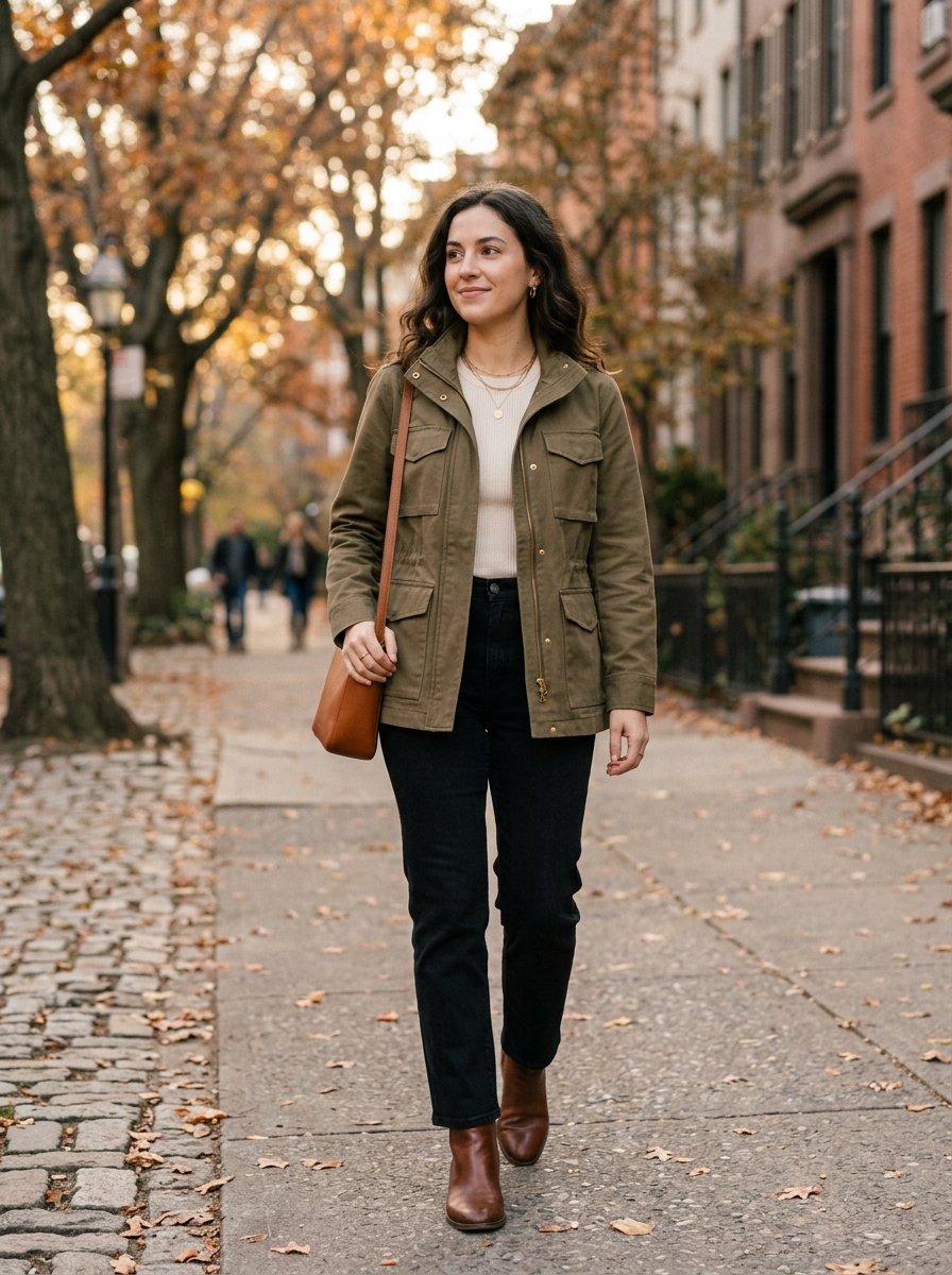 Olive Utility Jacket With Black Jeans