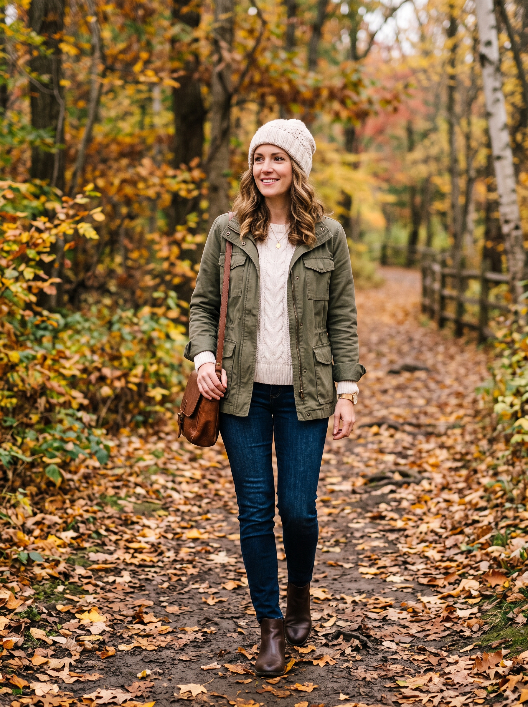 Olive Utility Jacket With Cream Sweater