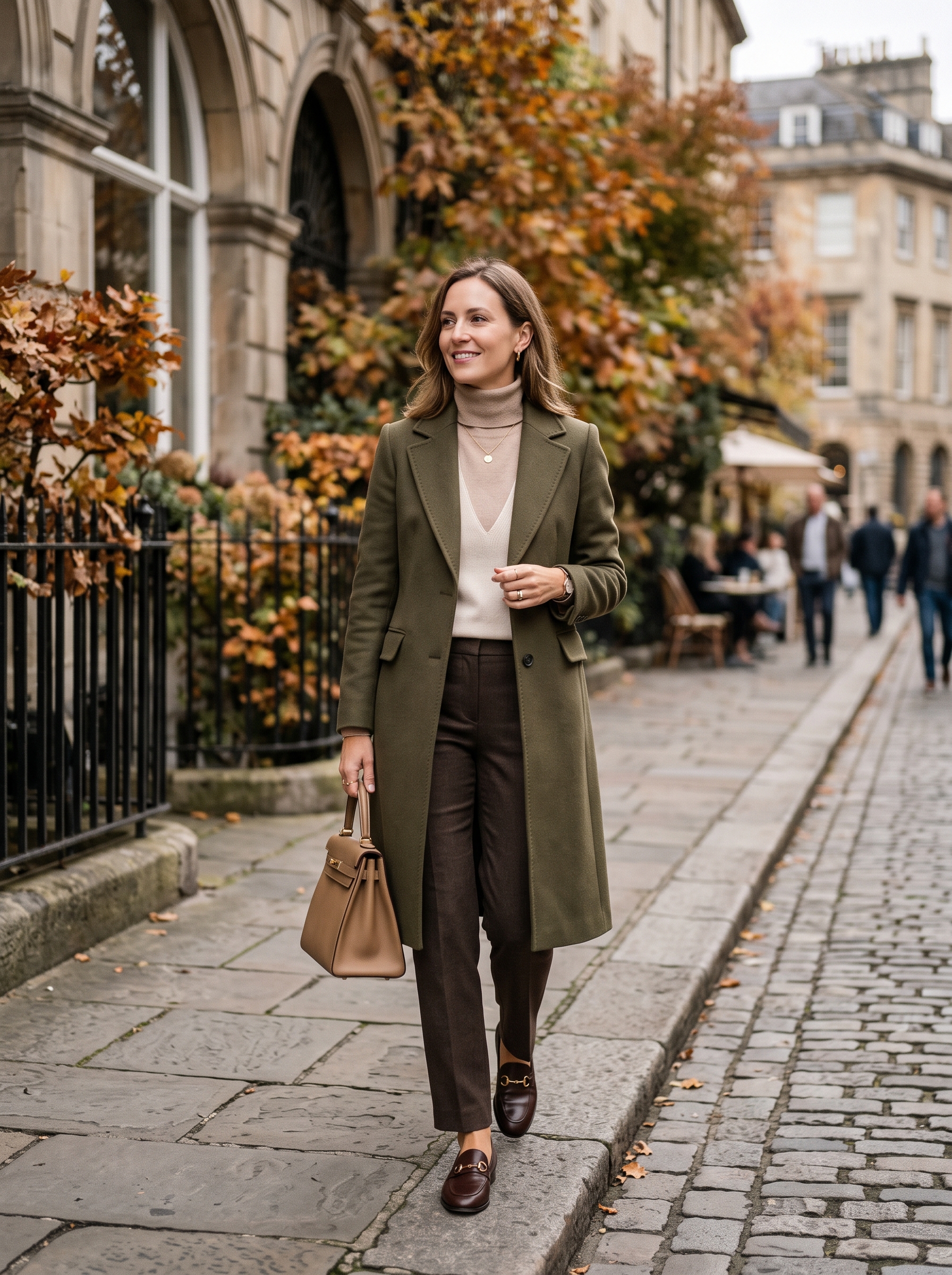 Olive Wool Coat With Beige Knitwear