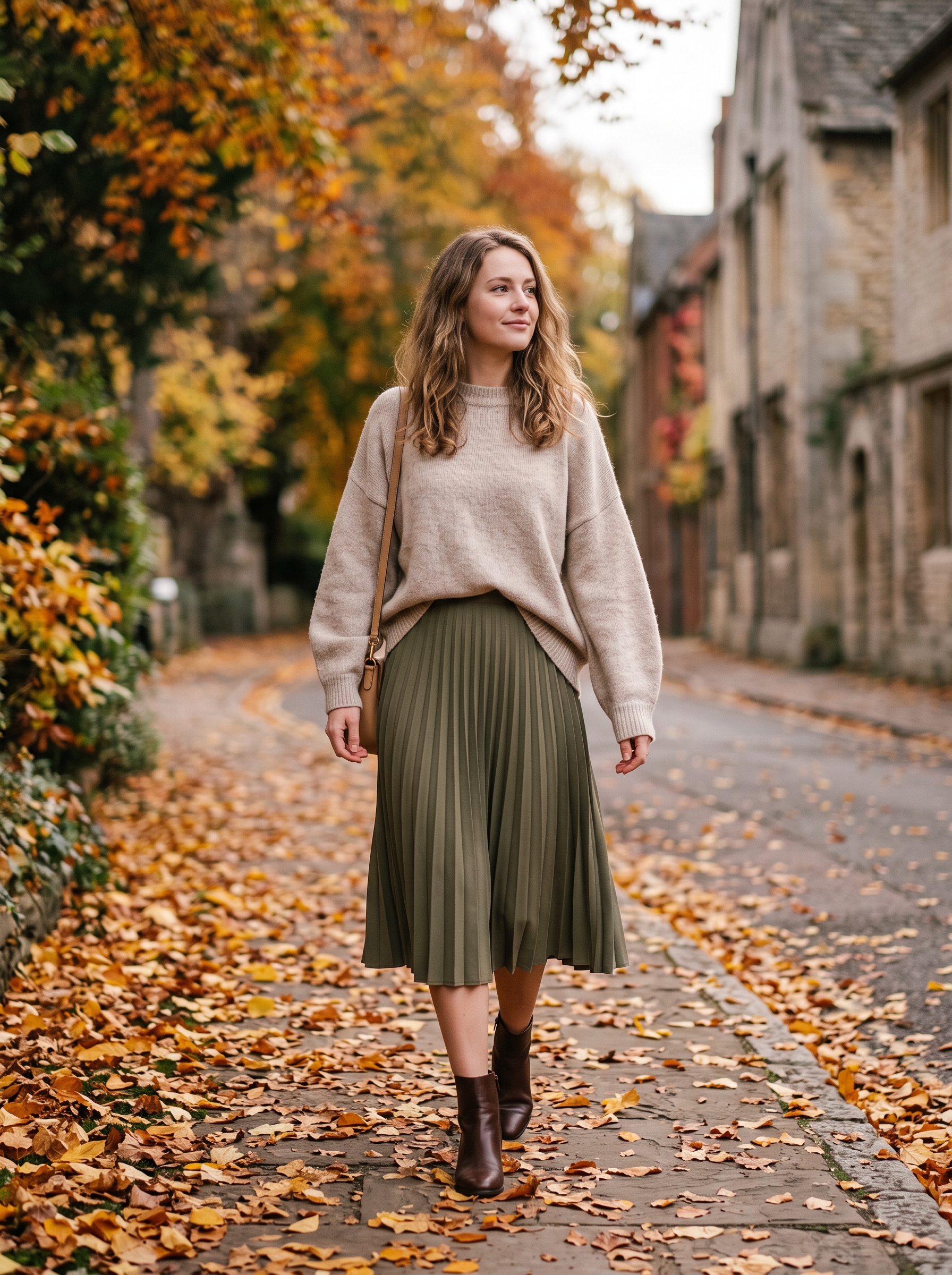 Oversized Sweater With Pleated Midi Skirt