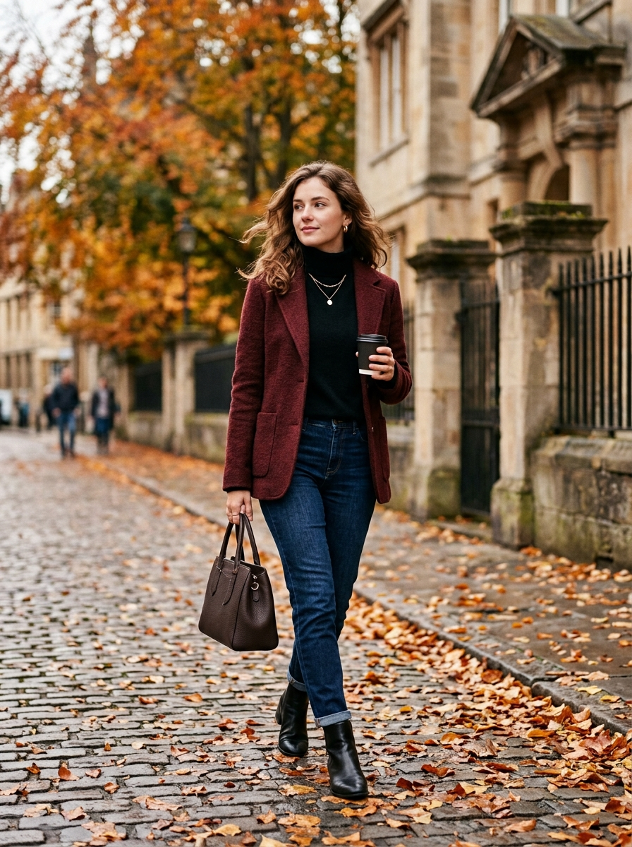 Oxblood Jacket With Black Knit and Dark Denim