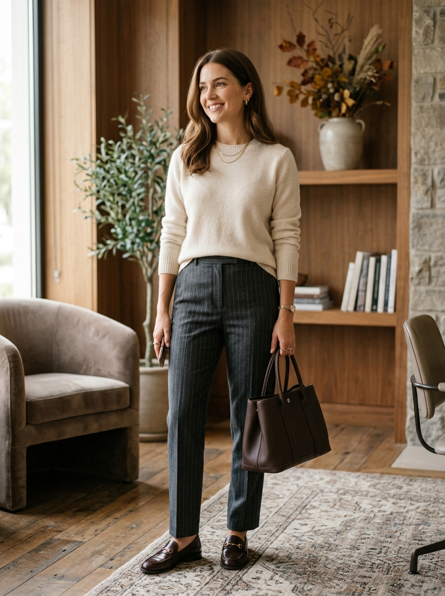 Pinstripe Trousers With Cream Knit