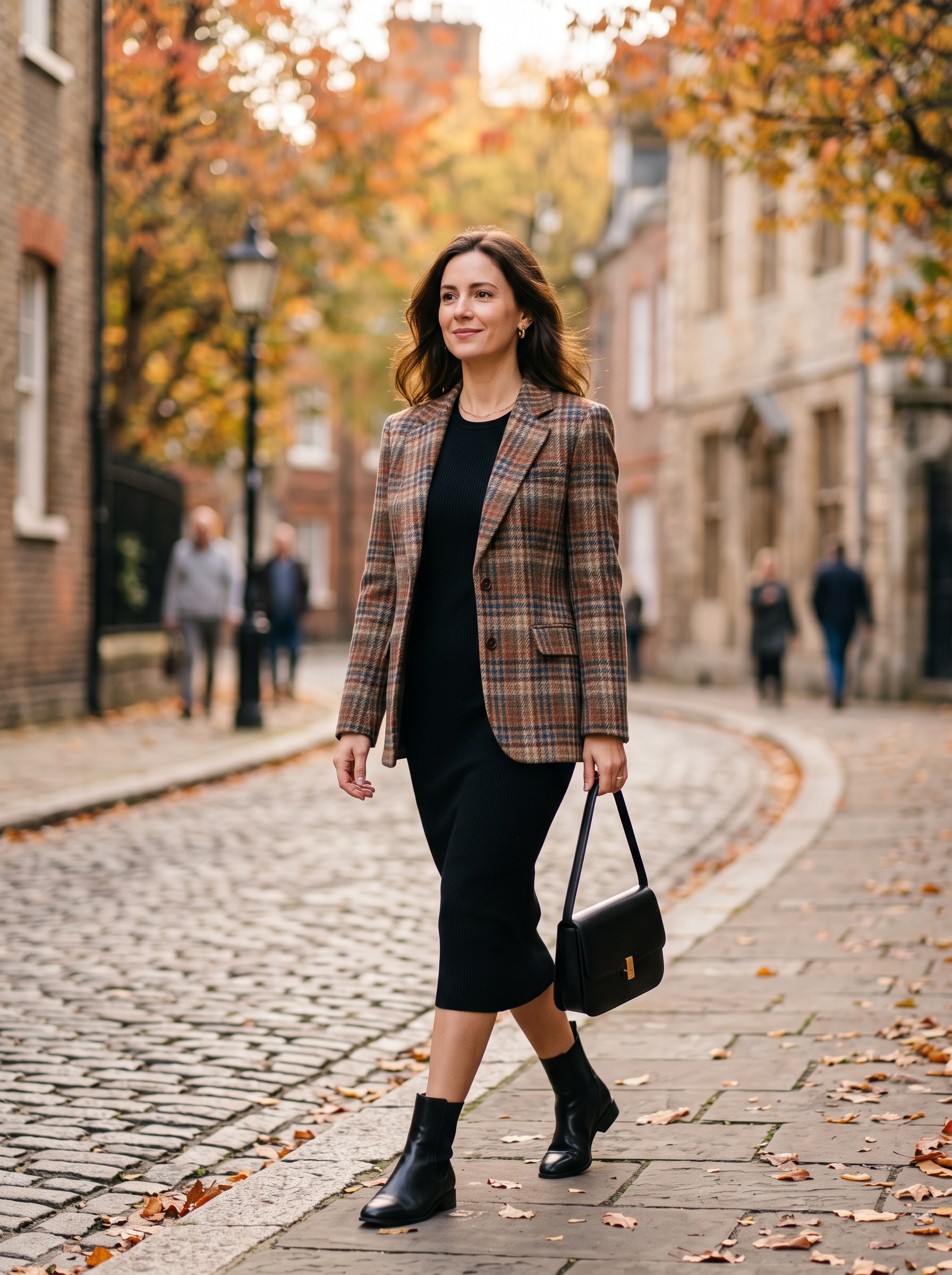 Plaid Blazer With Black Knit Dress