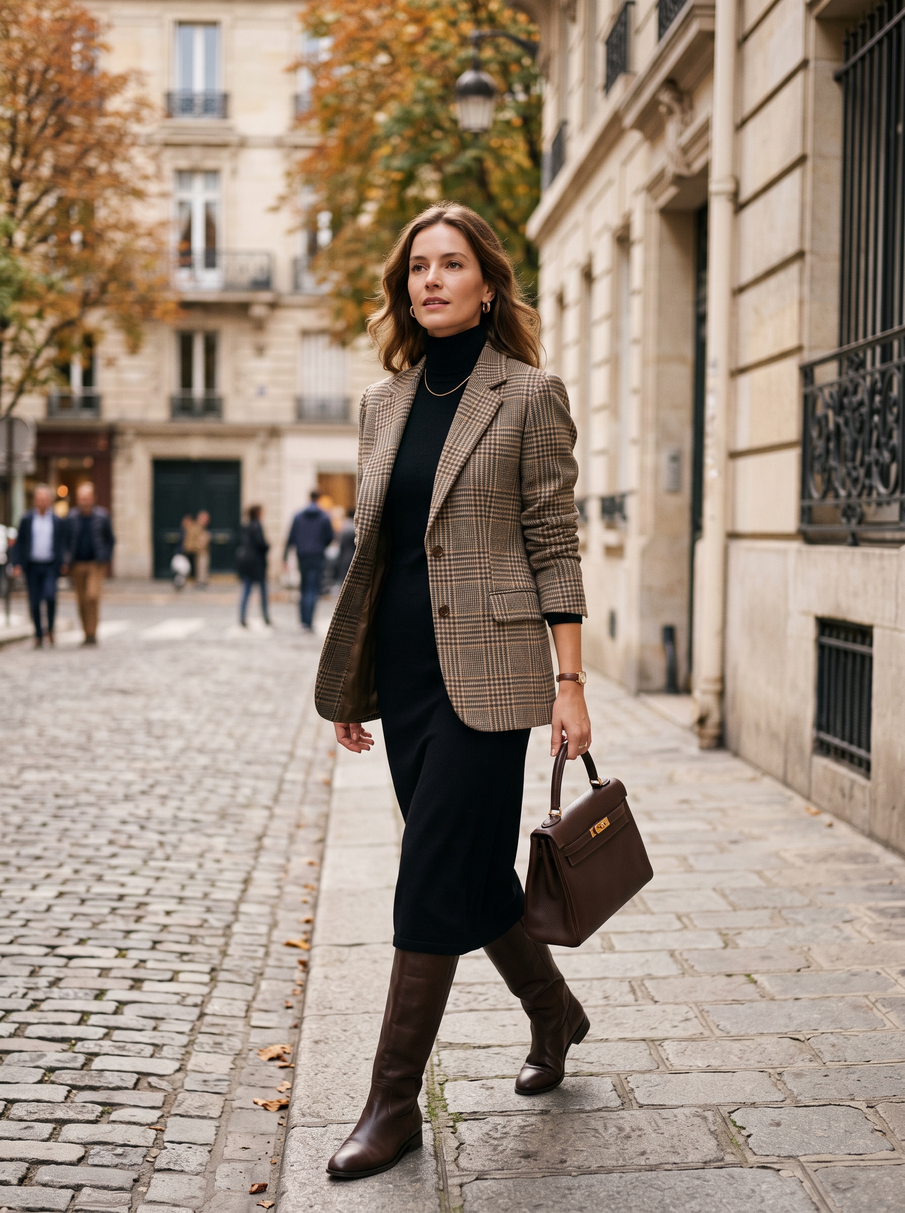 Plaid Blazer With Black Knit Dress
