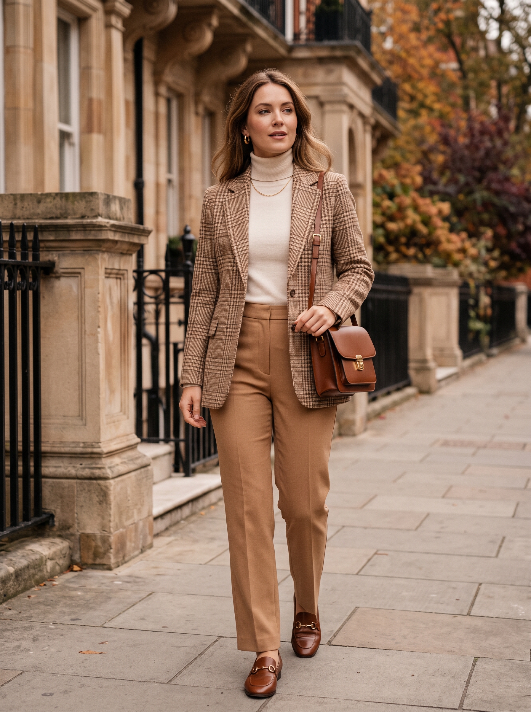 Plaid Blazer With Camel Trousers and Loafers