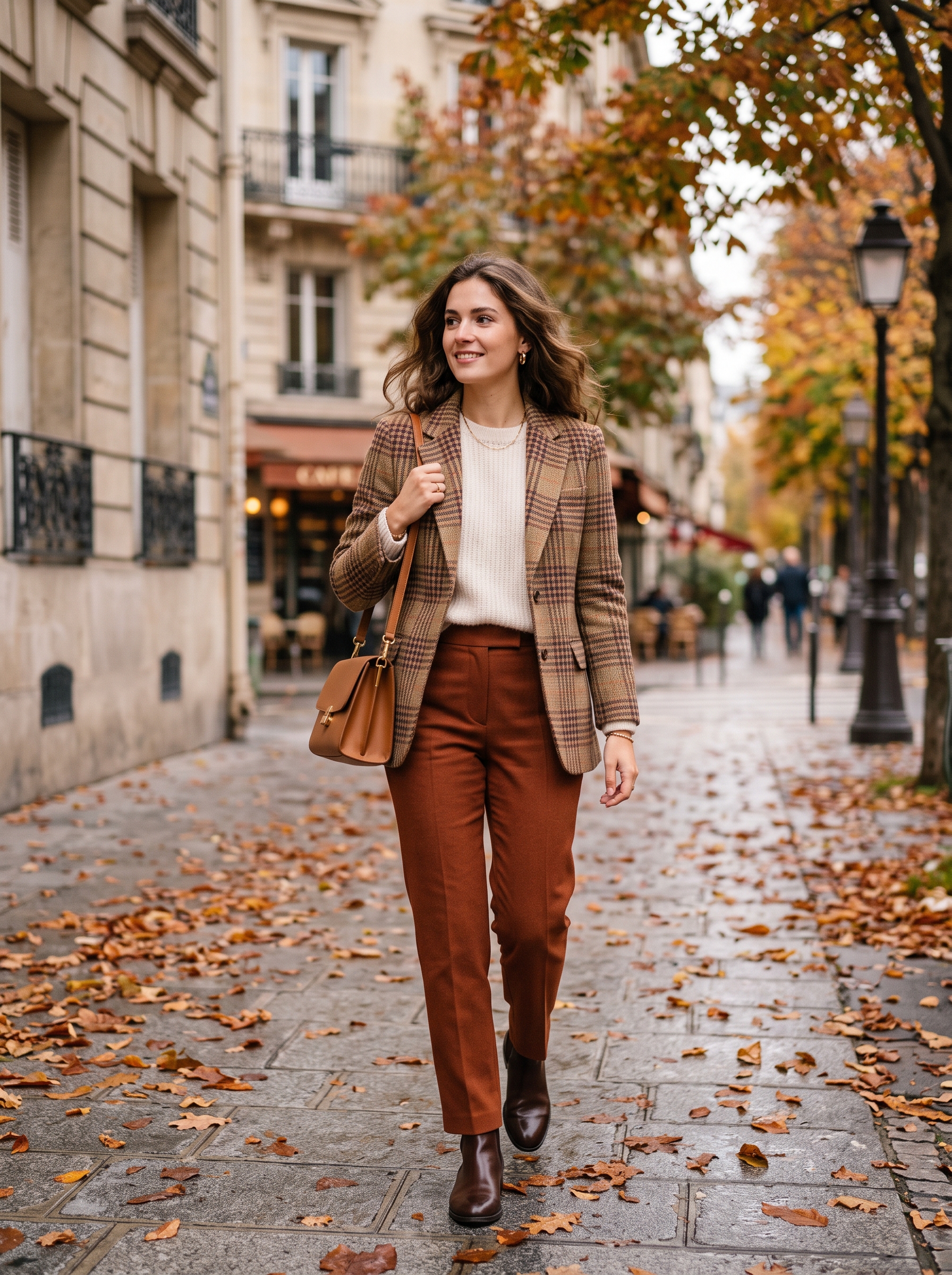 Plaid Blazer With Cream Knit and Rust Trousers