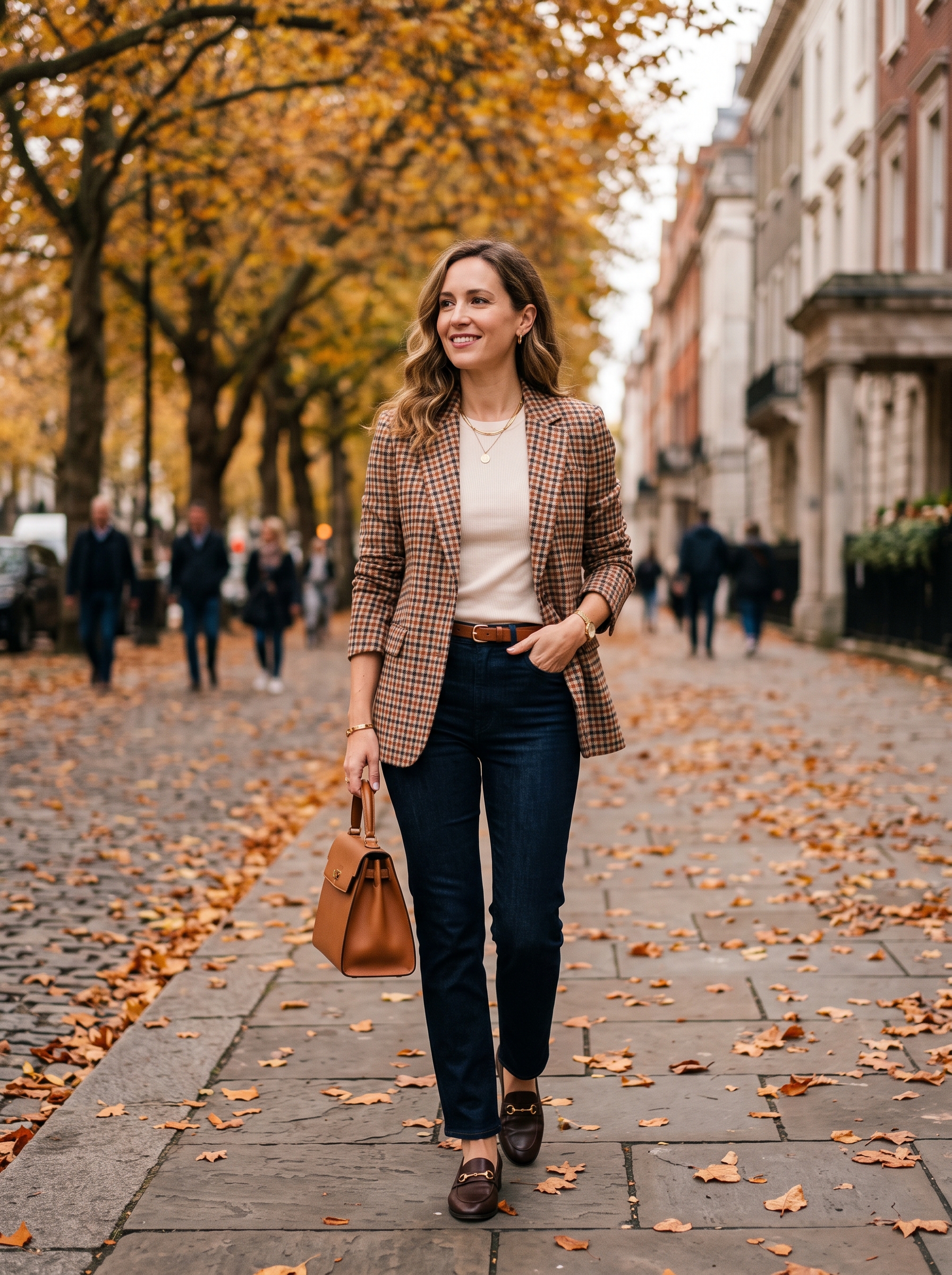Plaid Blazer With Dark Jeans and Loafers