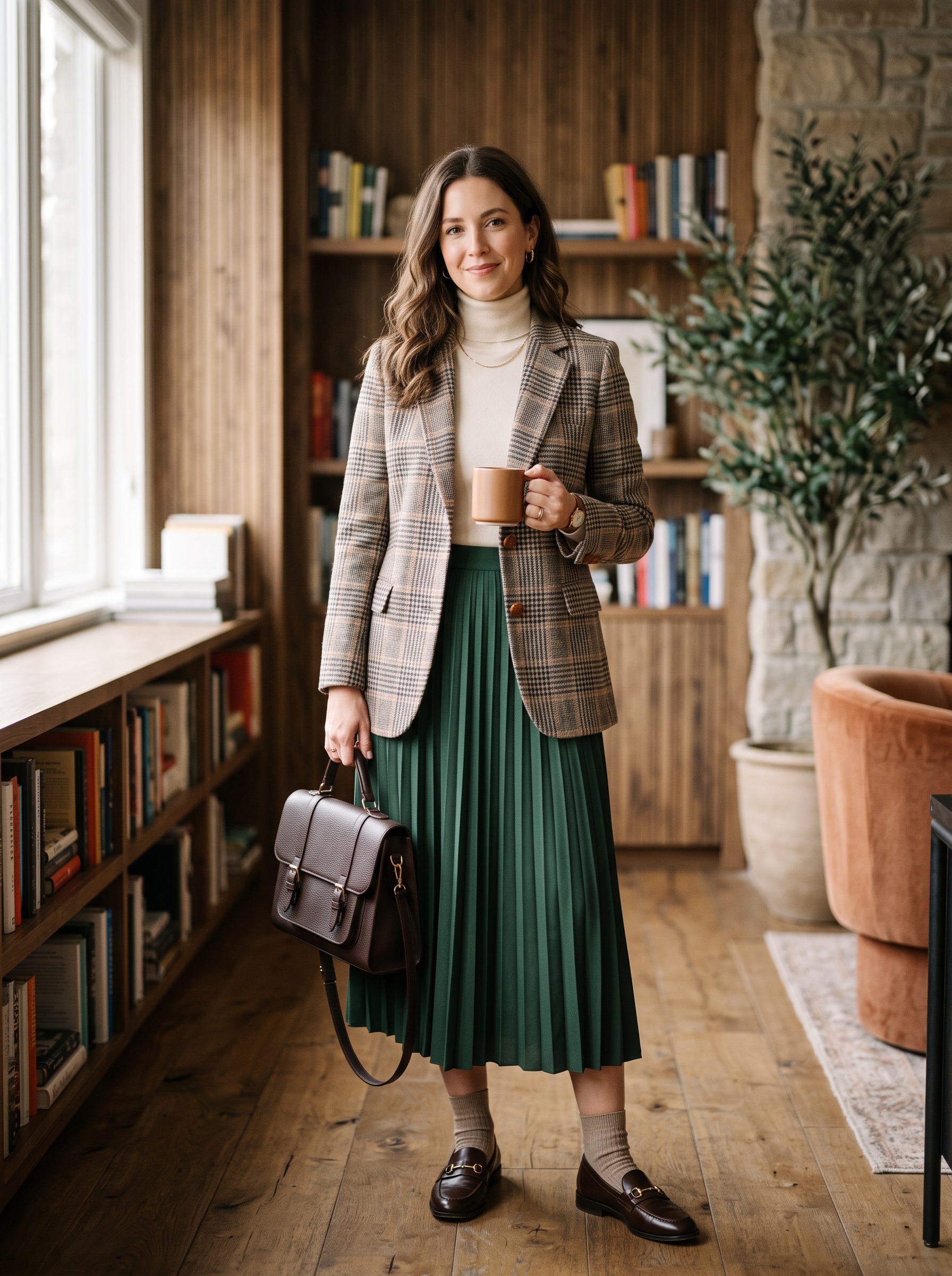 Plaid Blazer With Neutral Knit and Skirt
