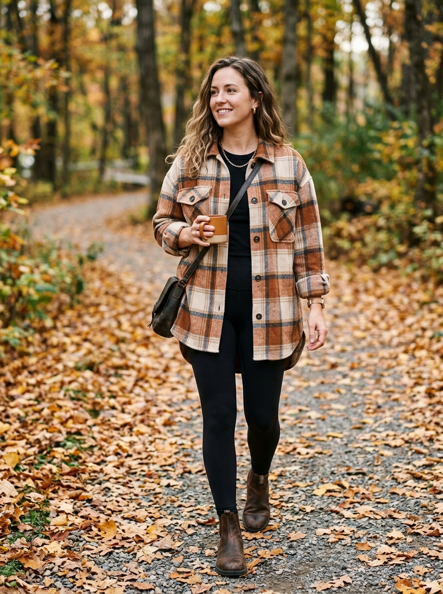 Plaid Shacket With Black Leggings