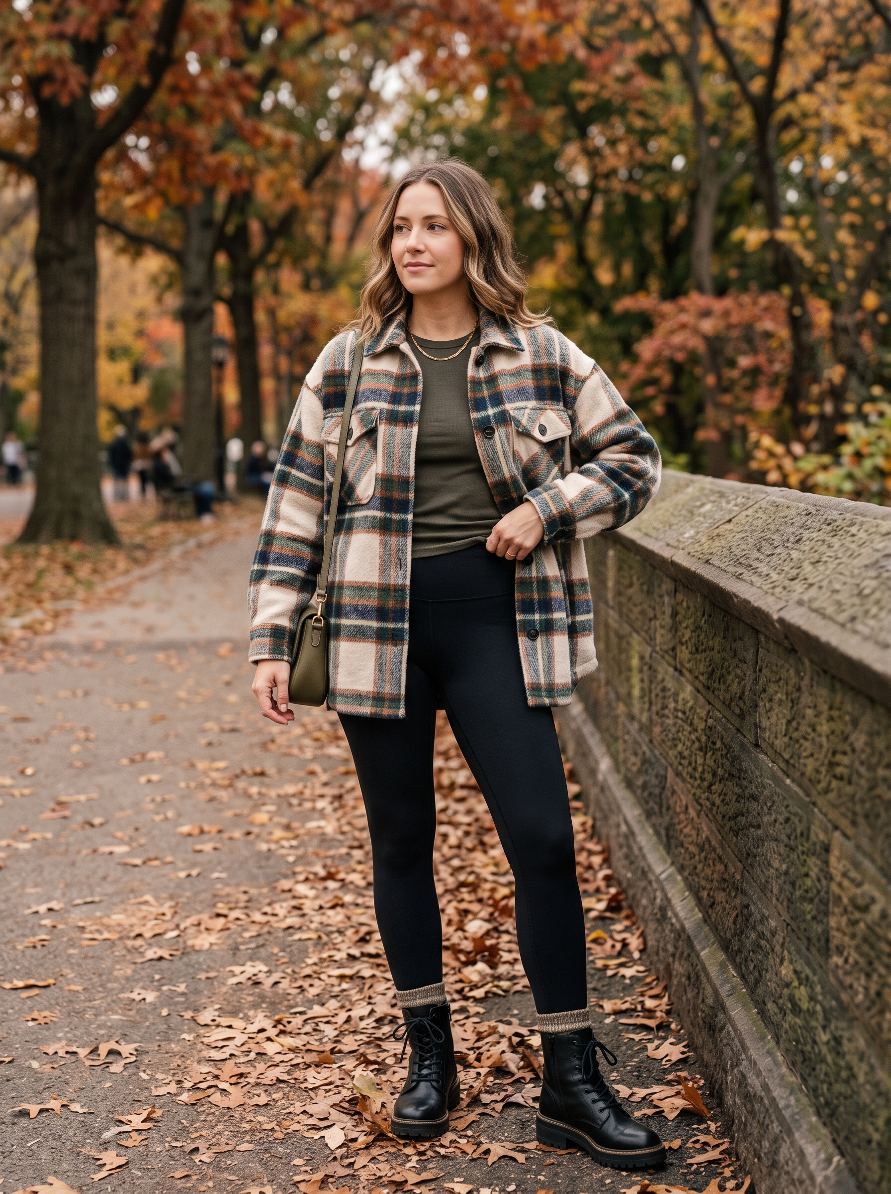 Plaid Shacket With Leggings and Lug Boots