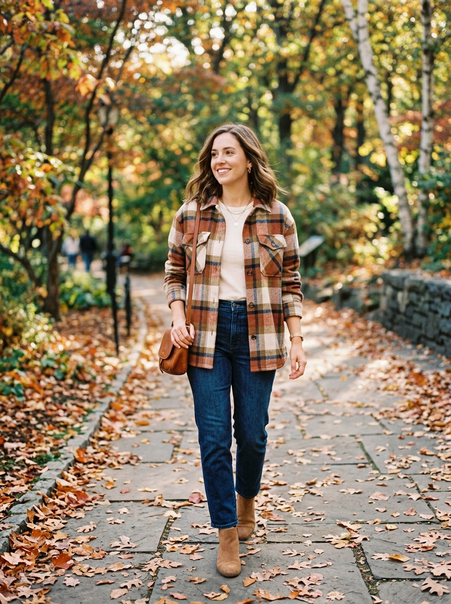 Plaid Shacket With a Basic Tee and Denim