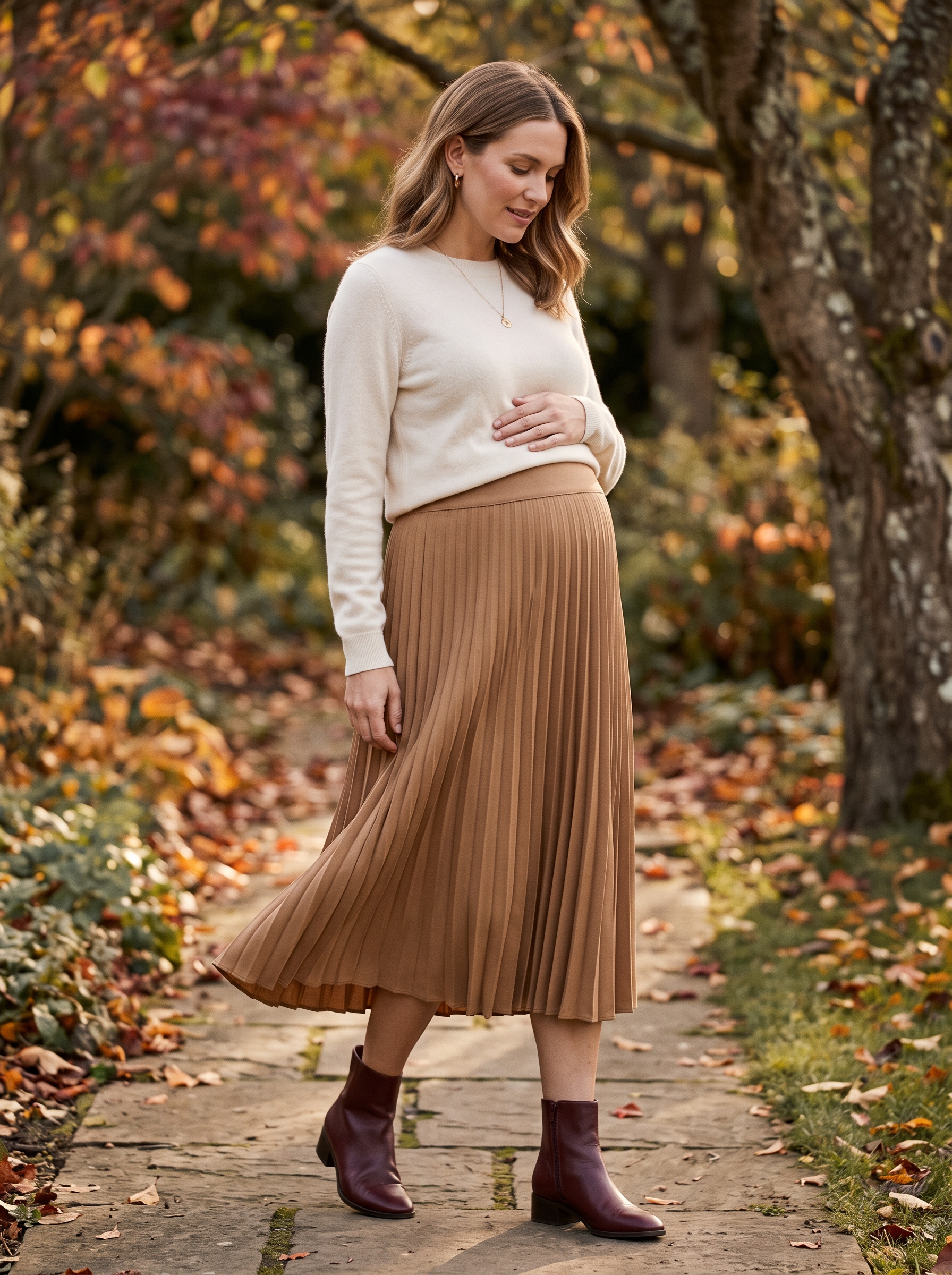 Pleated Maternity Skirt With a Fine Knit Sweater
