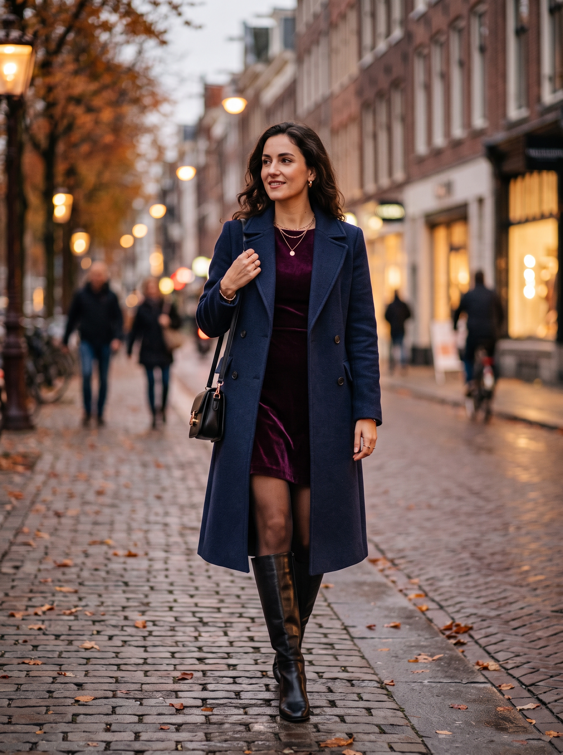 Plum Mini Dress With a Long Wool Coat