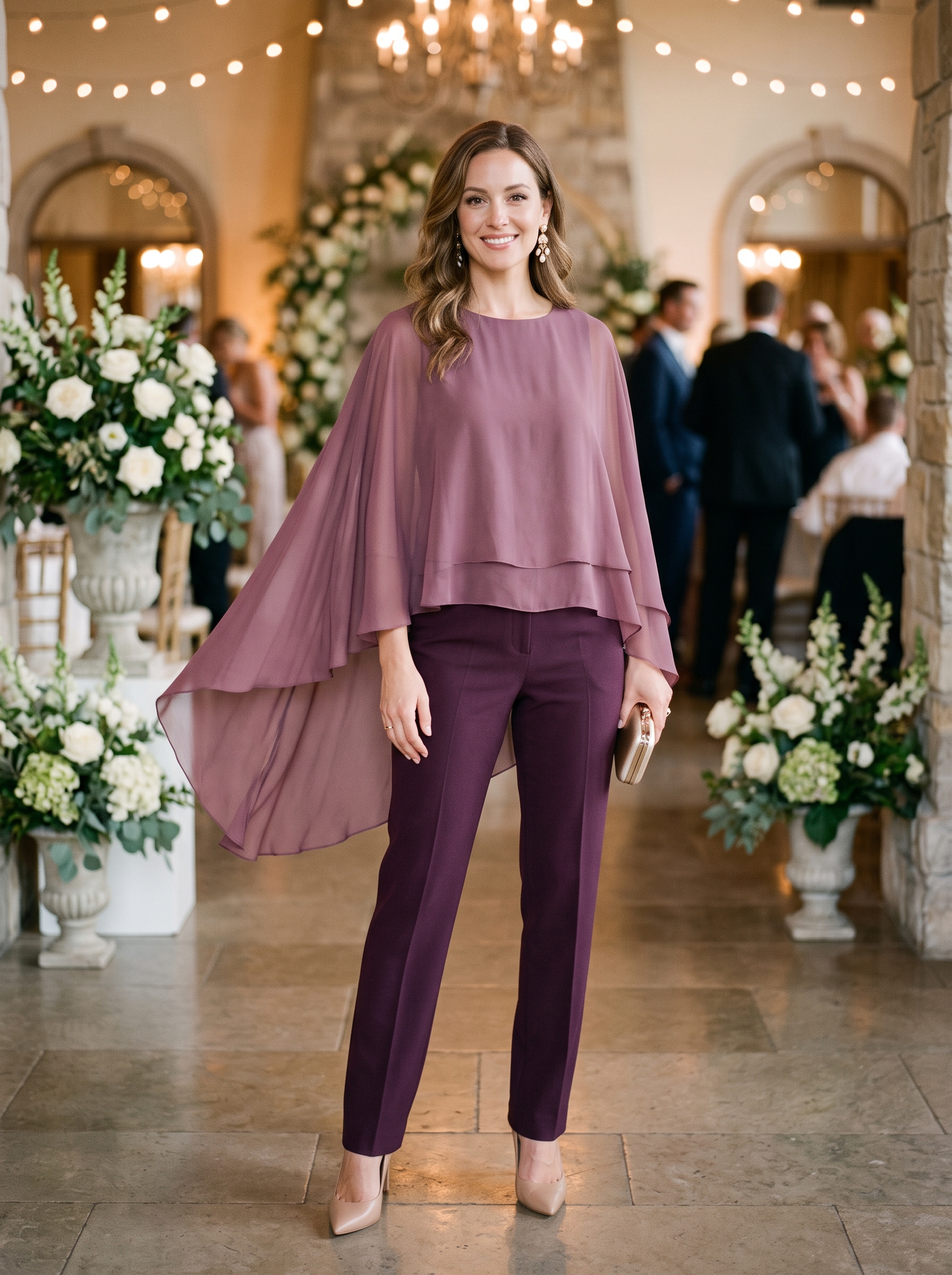 Plum Straight-Leg Trousers With Chiffon Cape Top