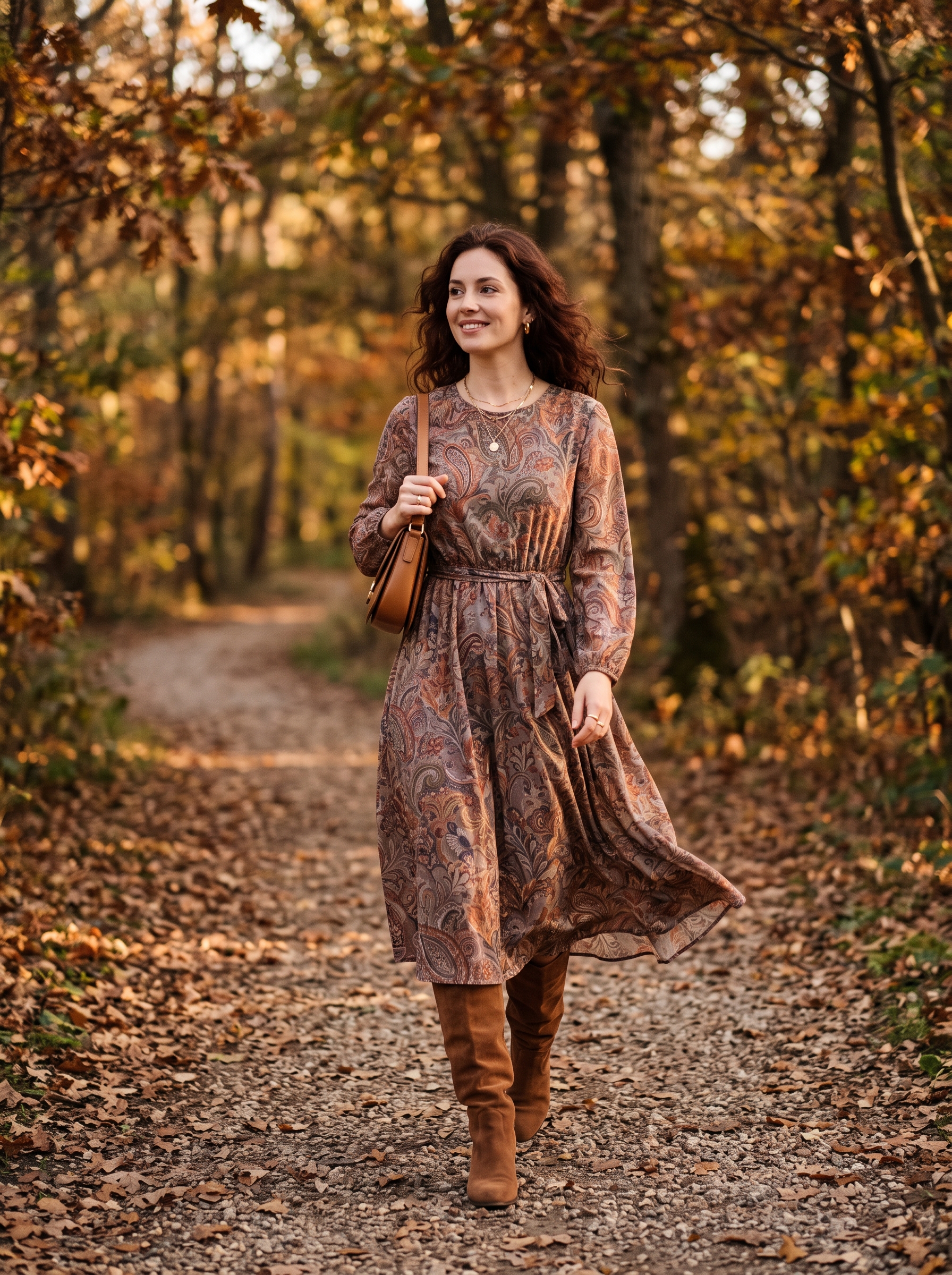 Printed Midi Dress With Slouchy Boots