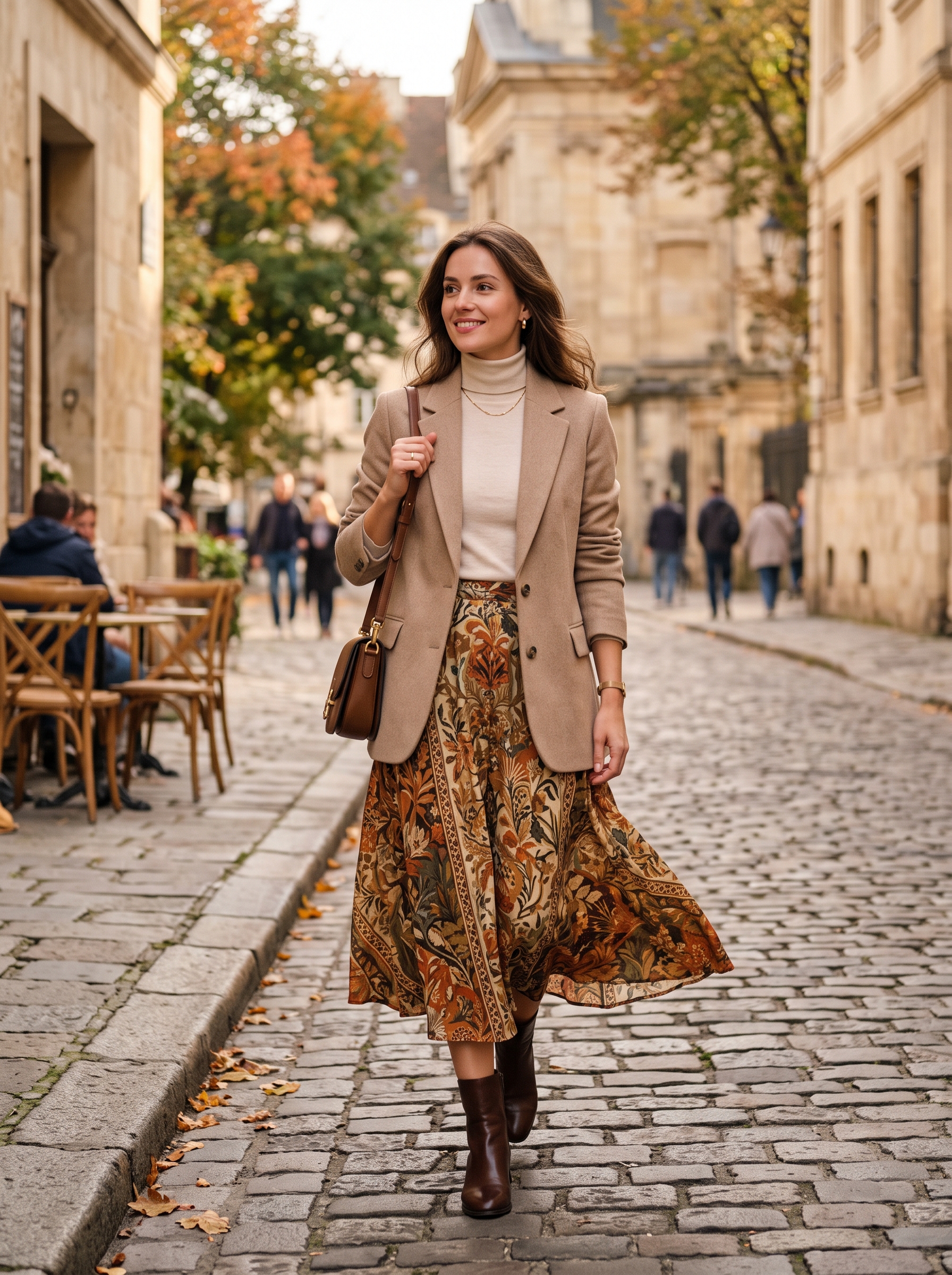 Printed Midi Skirt With a Neutral Blazer