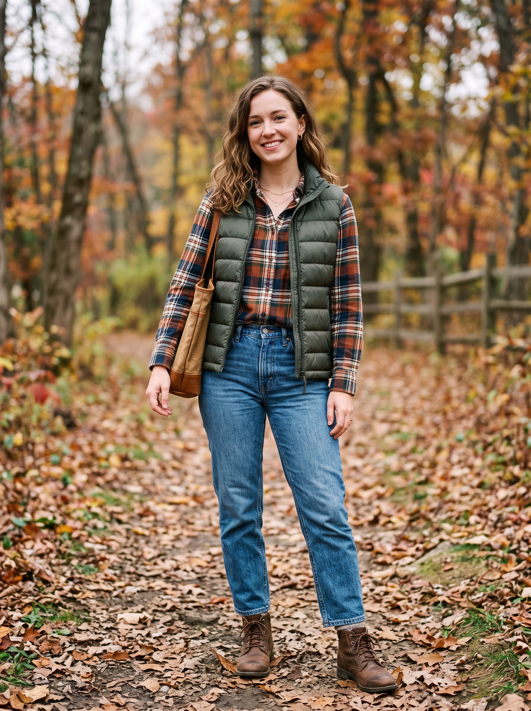 Puffer Vest With Flannel Shirt and Denim