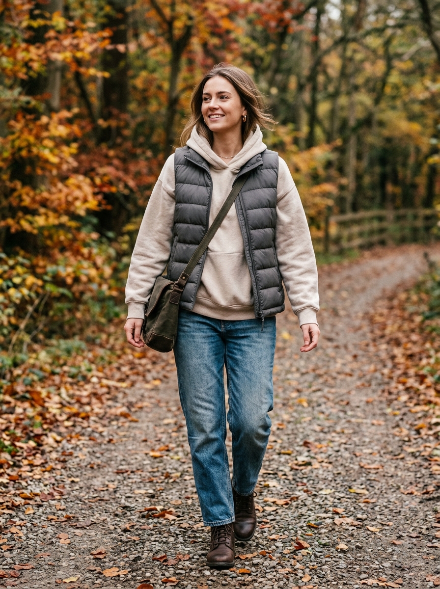 Puffer Vest With Hoodie and Relaxed Jeans