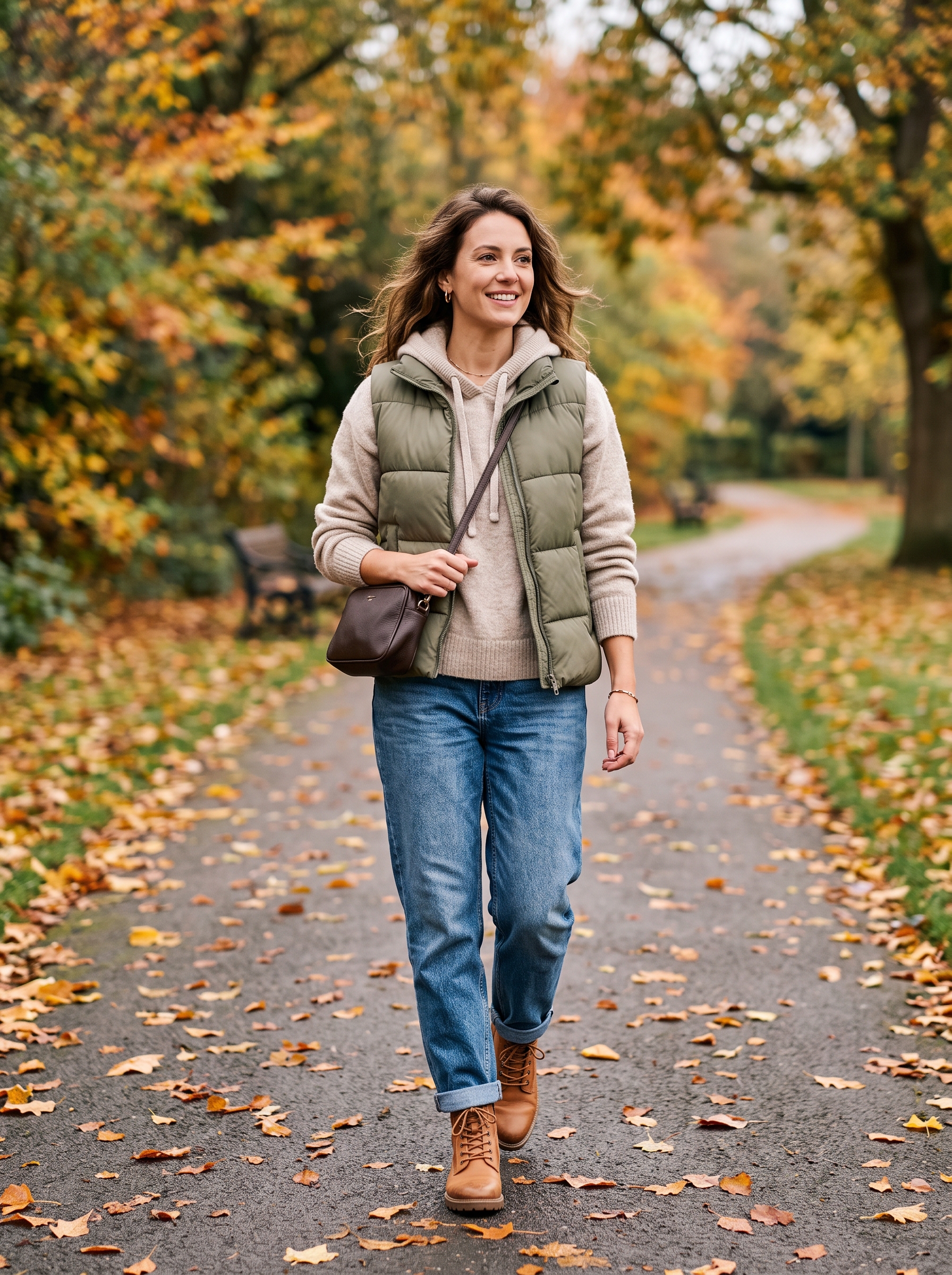 Puffer Vest With a Hoodie and Relaxed Jeans