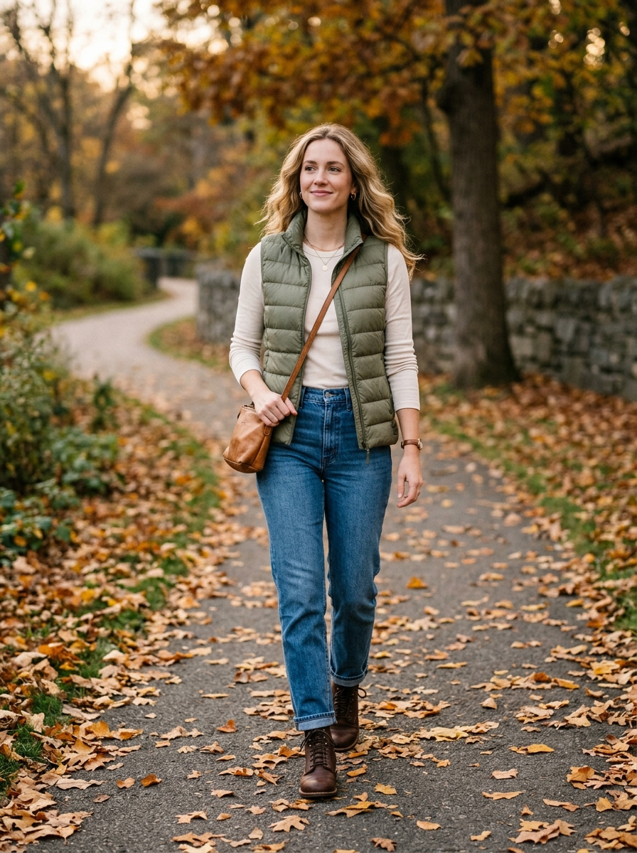 Puffer Vest With a Long-Sleeve Tee and Jeans