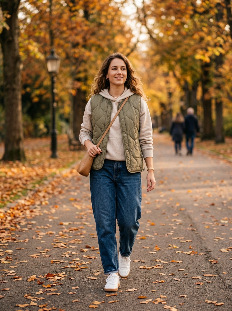Quilted Vest With Hoodie and Relaxed Jeans