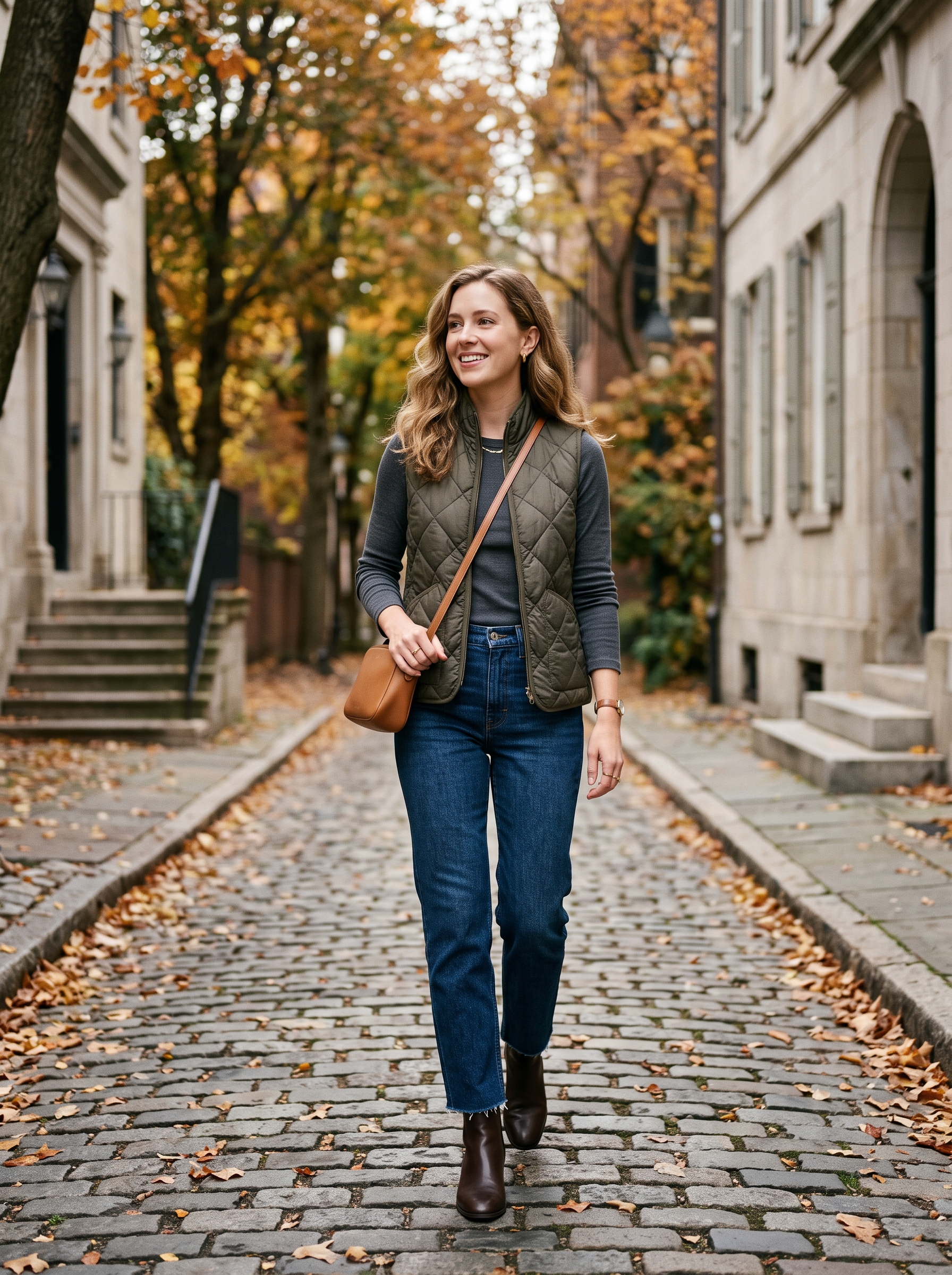 Quilted Vest With Long-Sleeve Tee and Jeans