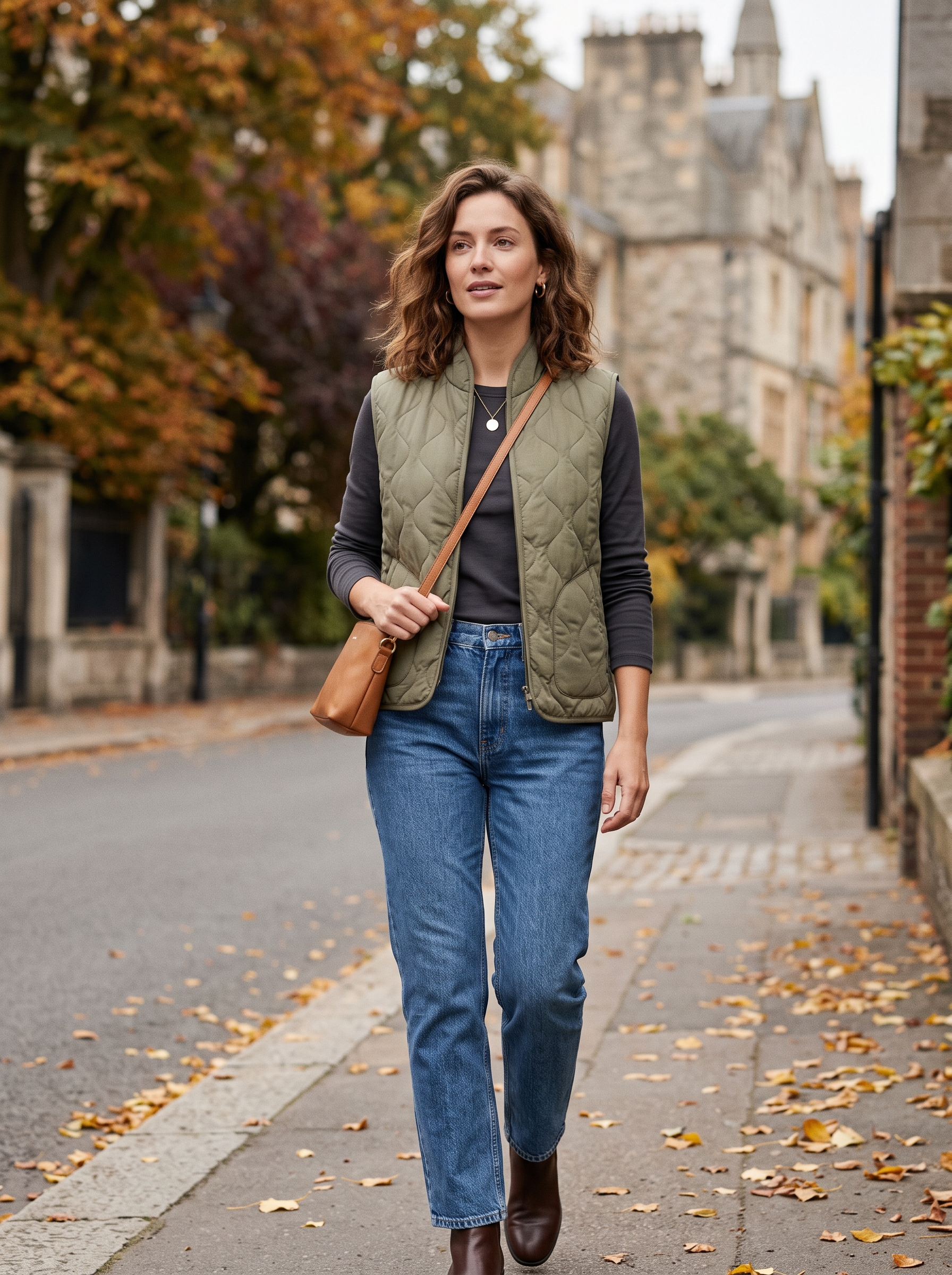 Quilted Vest With Long-Sleeve Tee and Jeans