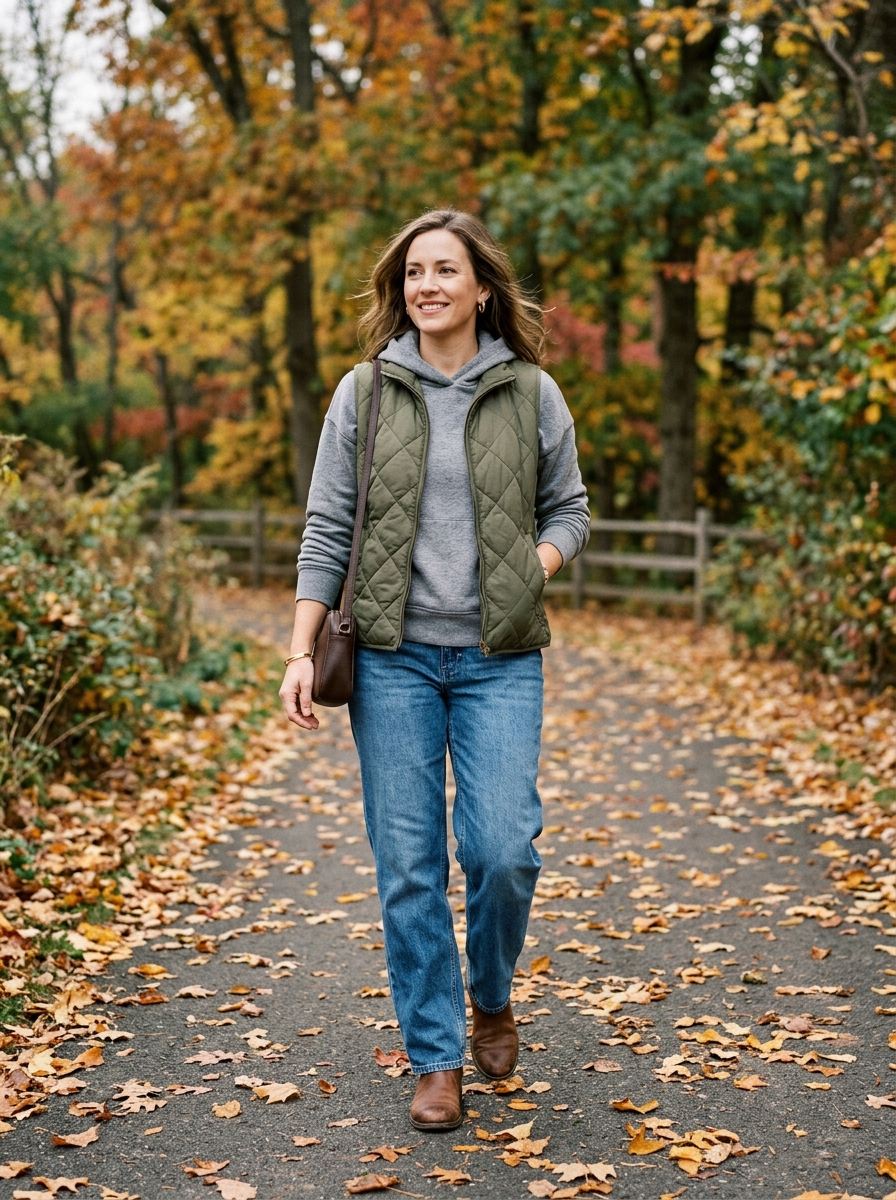 Quilted Vest With a Hoodie and Relaxed Jeans